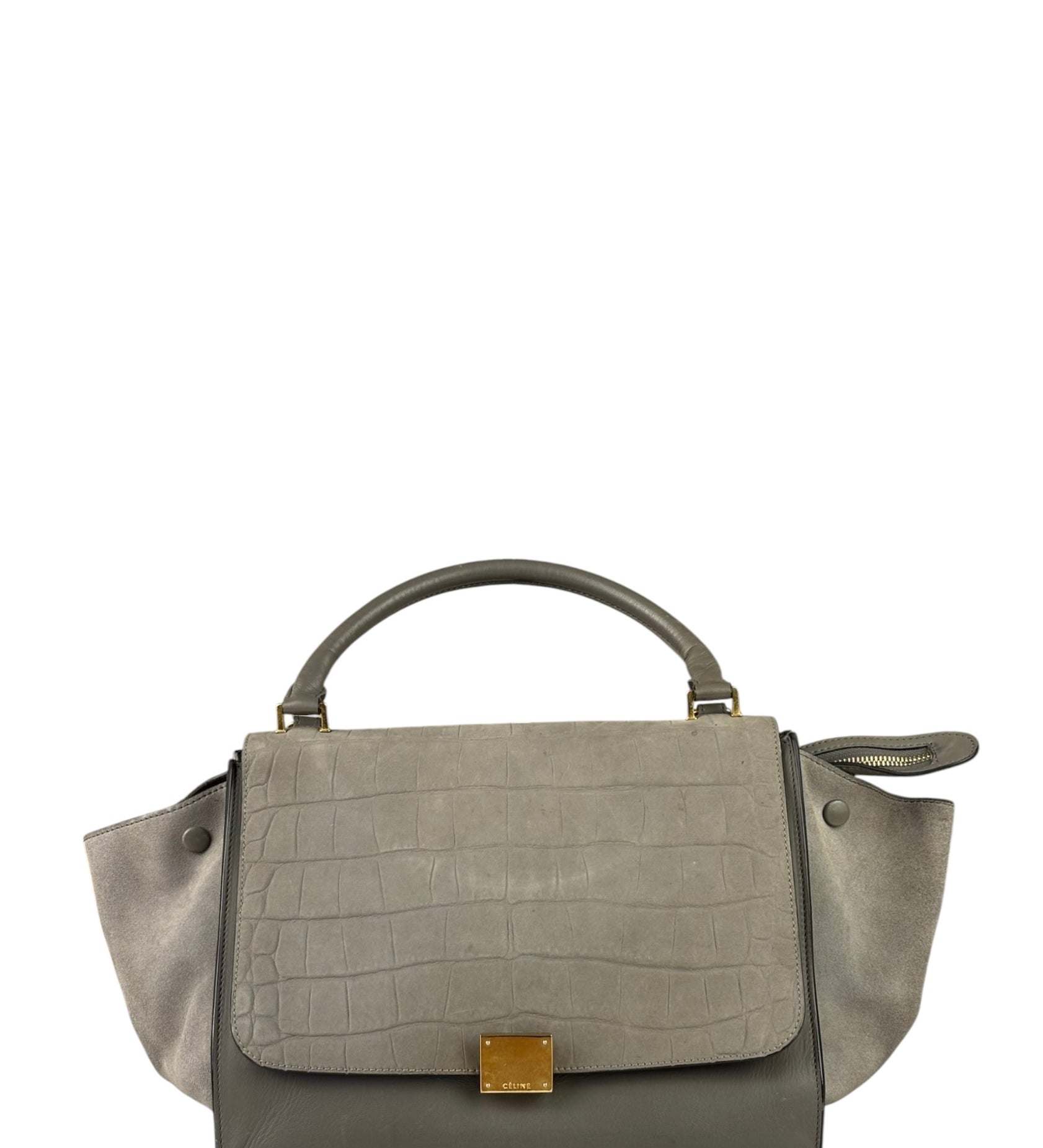 Celine Grey Suede/Leather Crocodile Embossed Trapeze Two-Way Bag