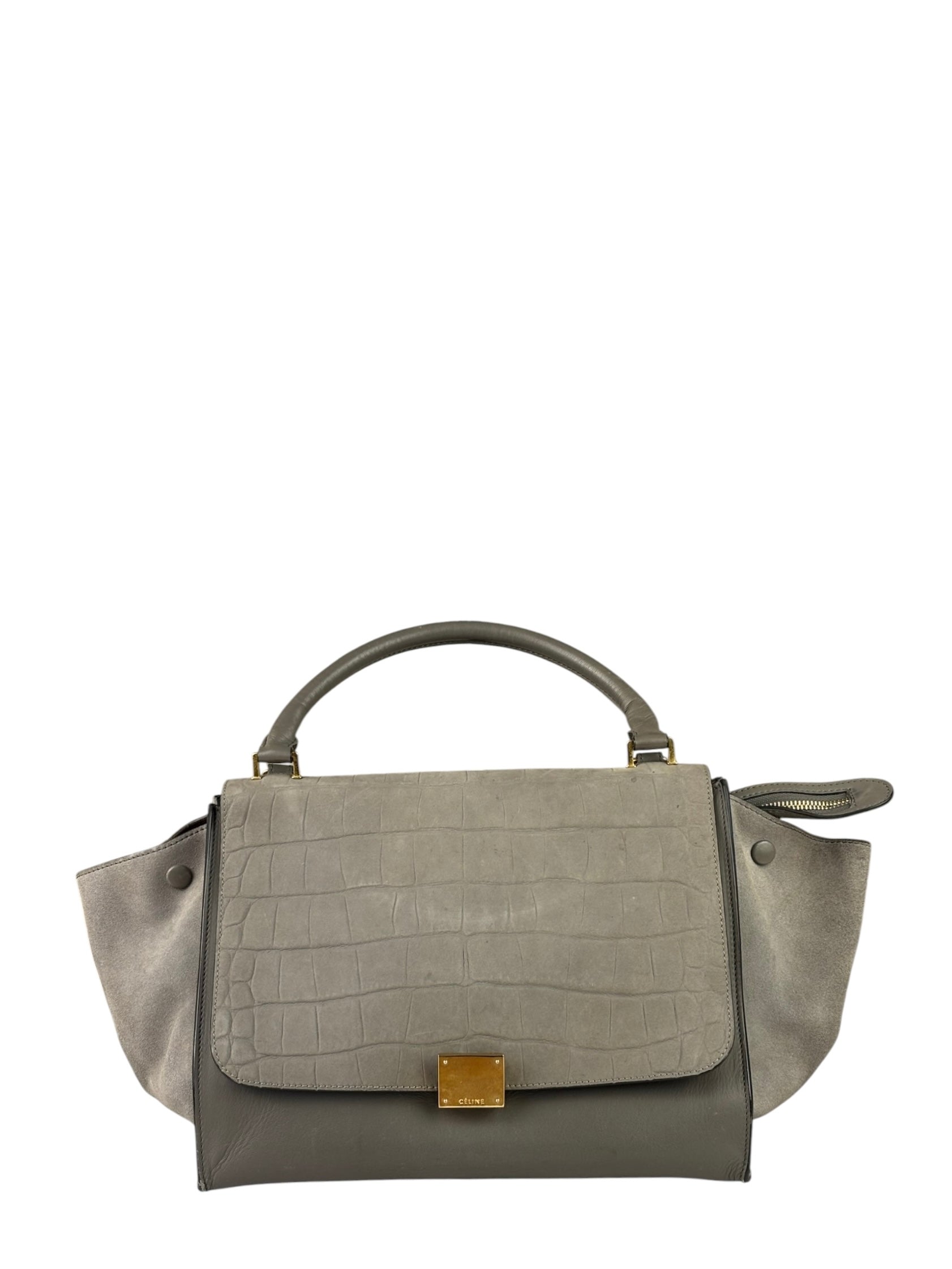 Celine Grey Suede/Leather Crocodile Embossed Trapeze Two-Way Bag