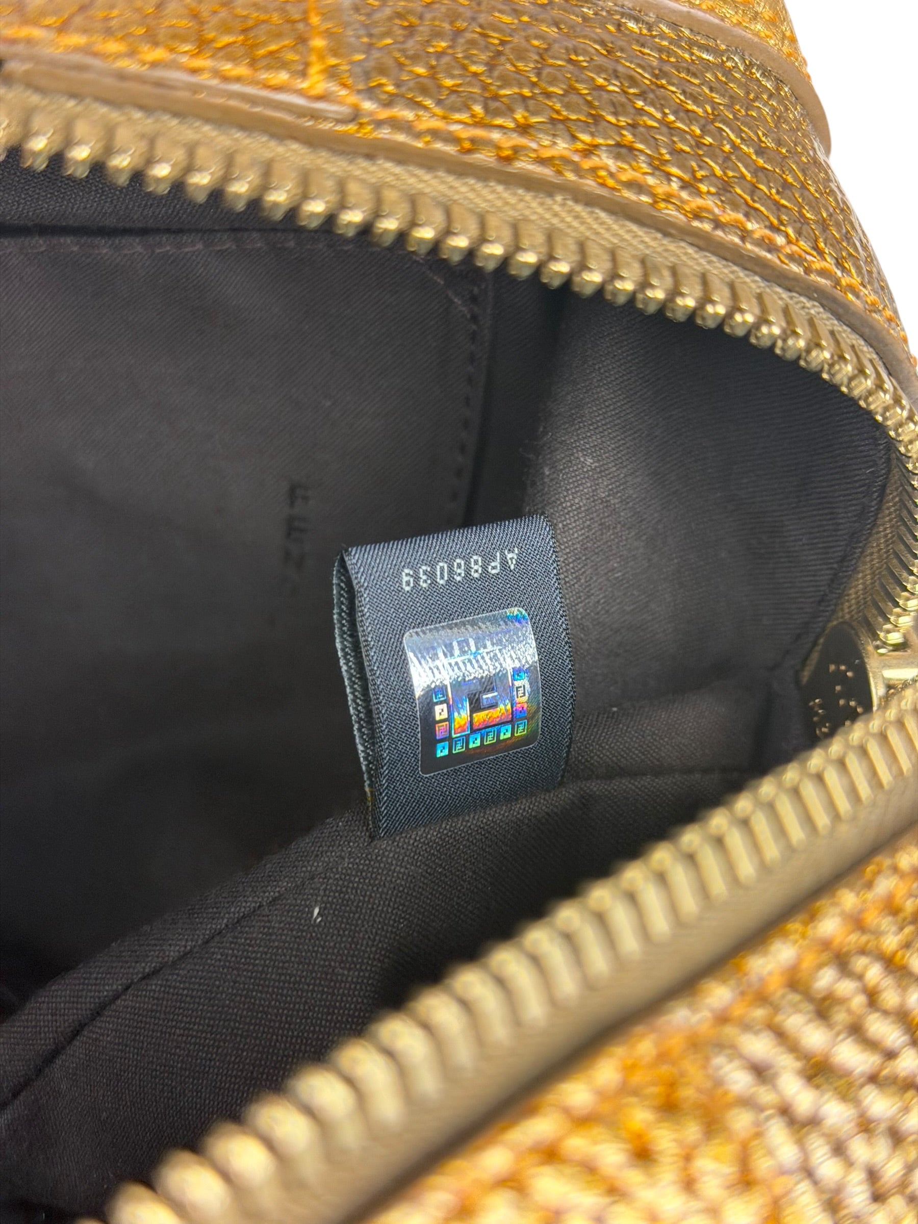 Fendi Metalic Gold Patent Pebbled Leather Media Boston Bag