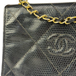 Chanel Vintage Black Lizard Leather Chain Flap Bag 1987
