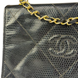 Chanel Vintage Black Lizard Leather Chain Flap Bag 1987