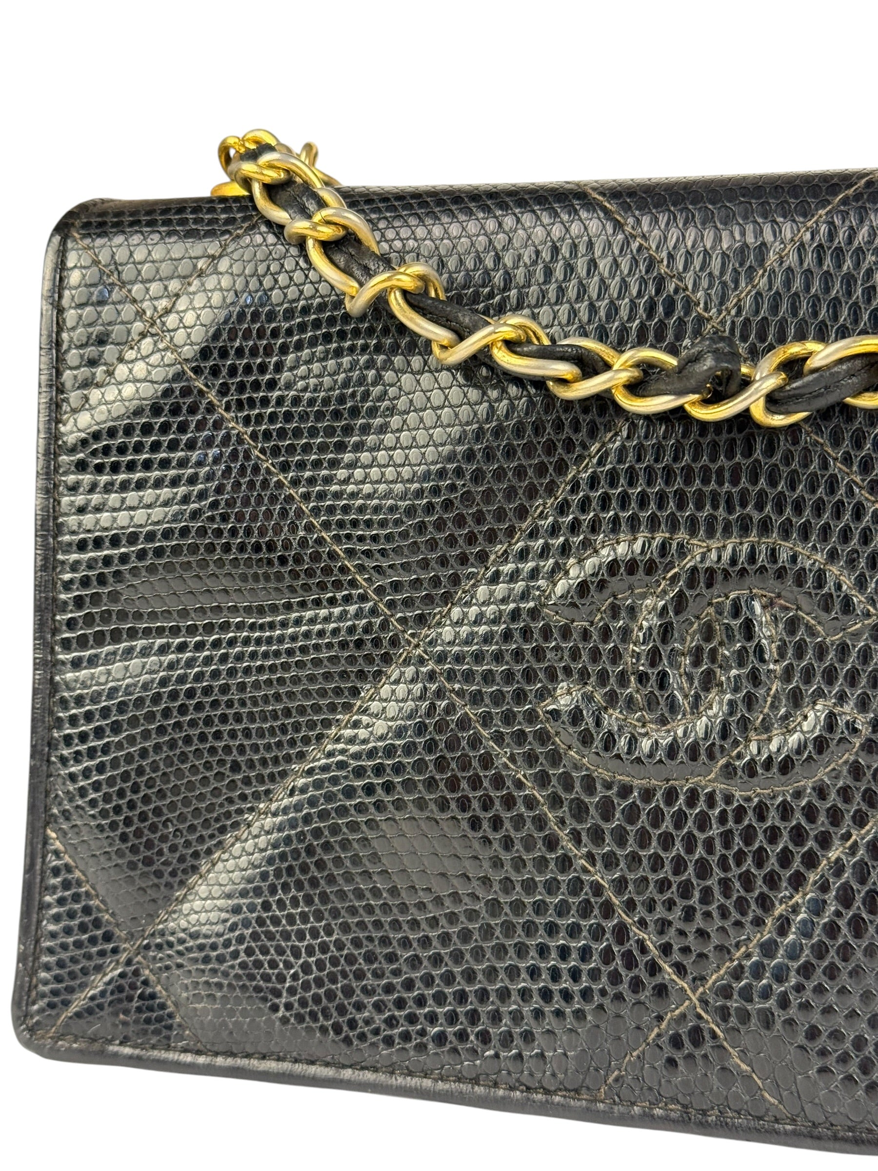 Chanel Vintage Black Lizard Leather Chain Flap Bag 1987