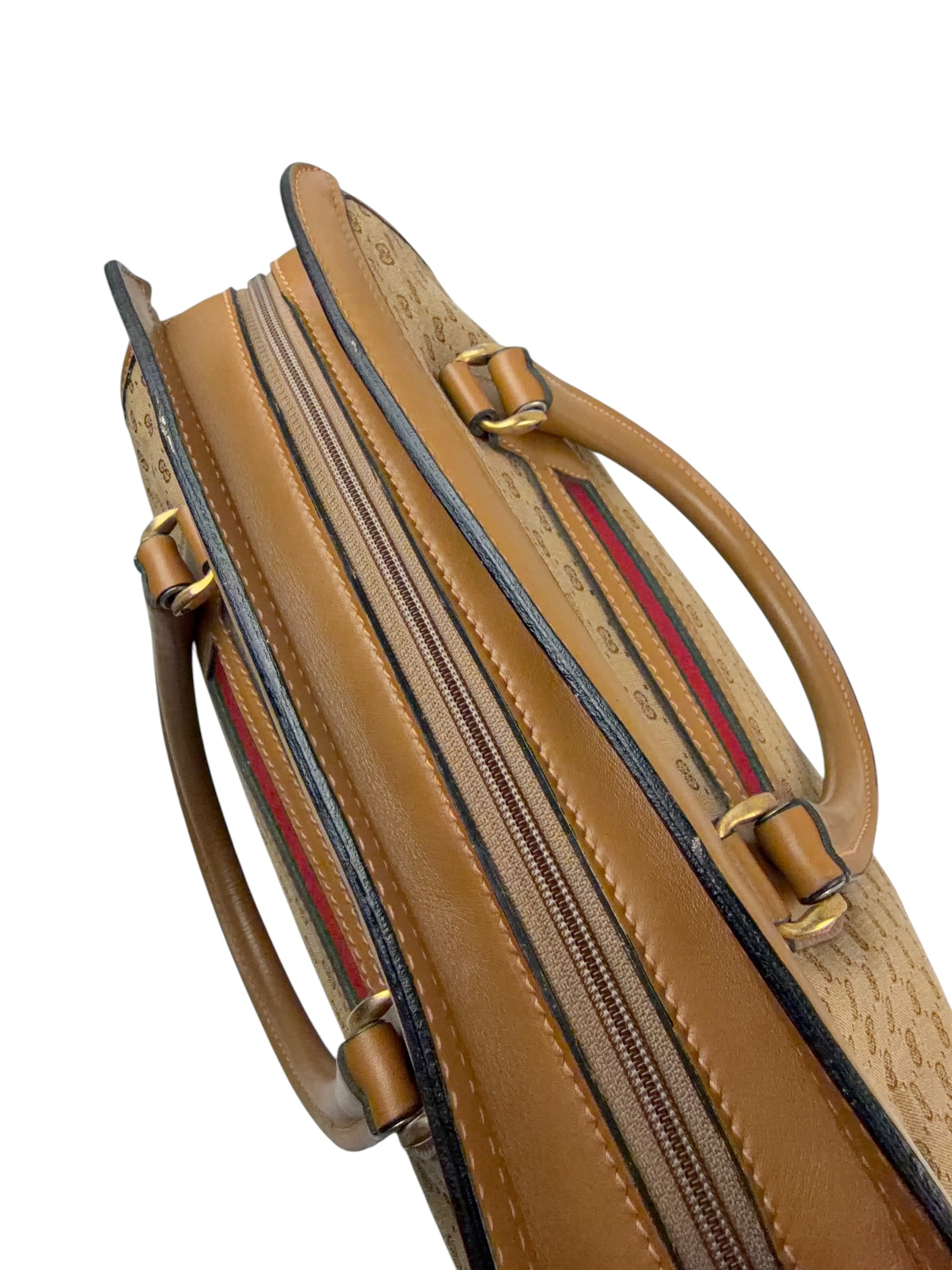 Gucci Brown Leather Trim Micro GG Sherry Line Boston Handbag