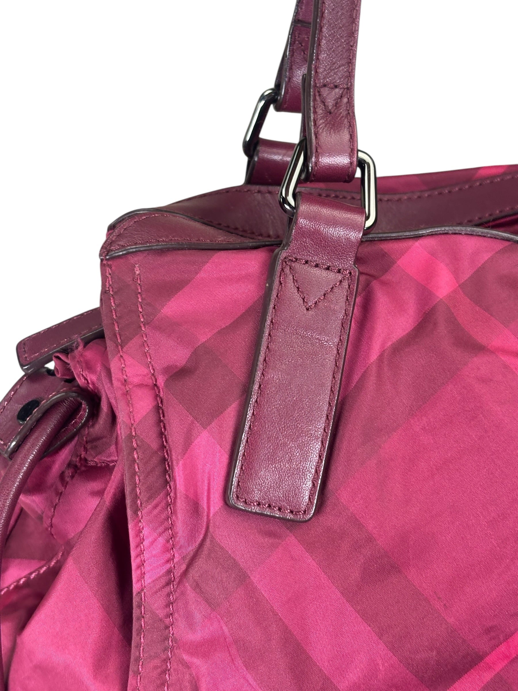 Burberry Plum Nylon/Leather Trim Nova Check Buckleigh Packable Tote