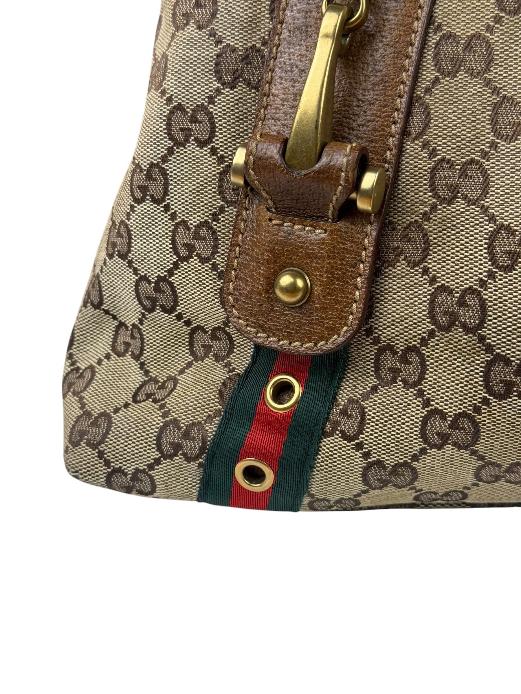 Gucci Vintage Brown Leather Trim Grommet Web Shoulder Bag