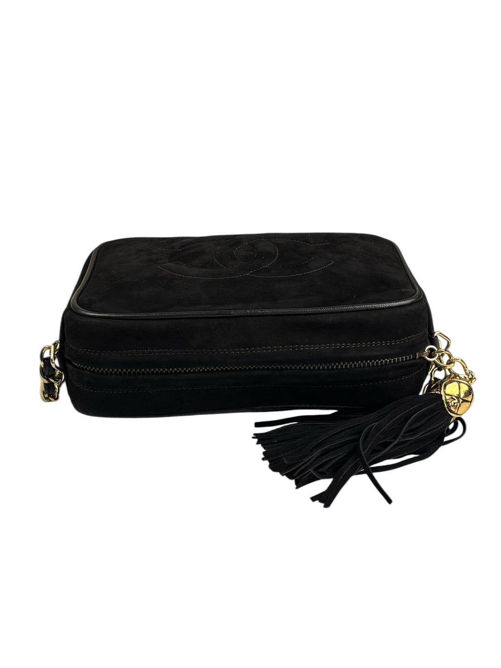 Chanel Vintage Black Suede CC Tassel Camera Bag 1989