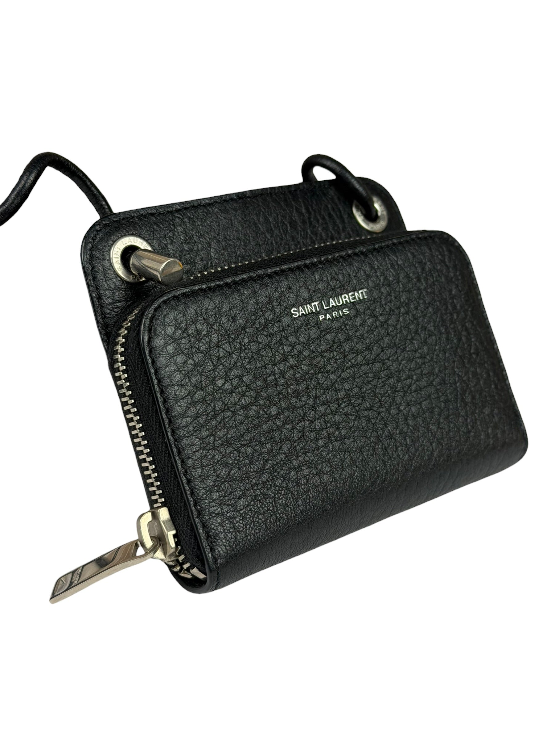 Yves Saint Laurent Black Leather Paris Lanyard Wallet