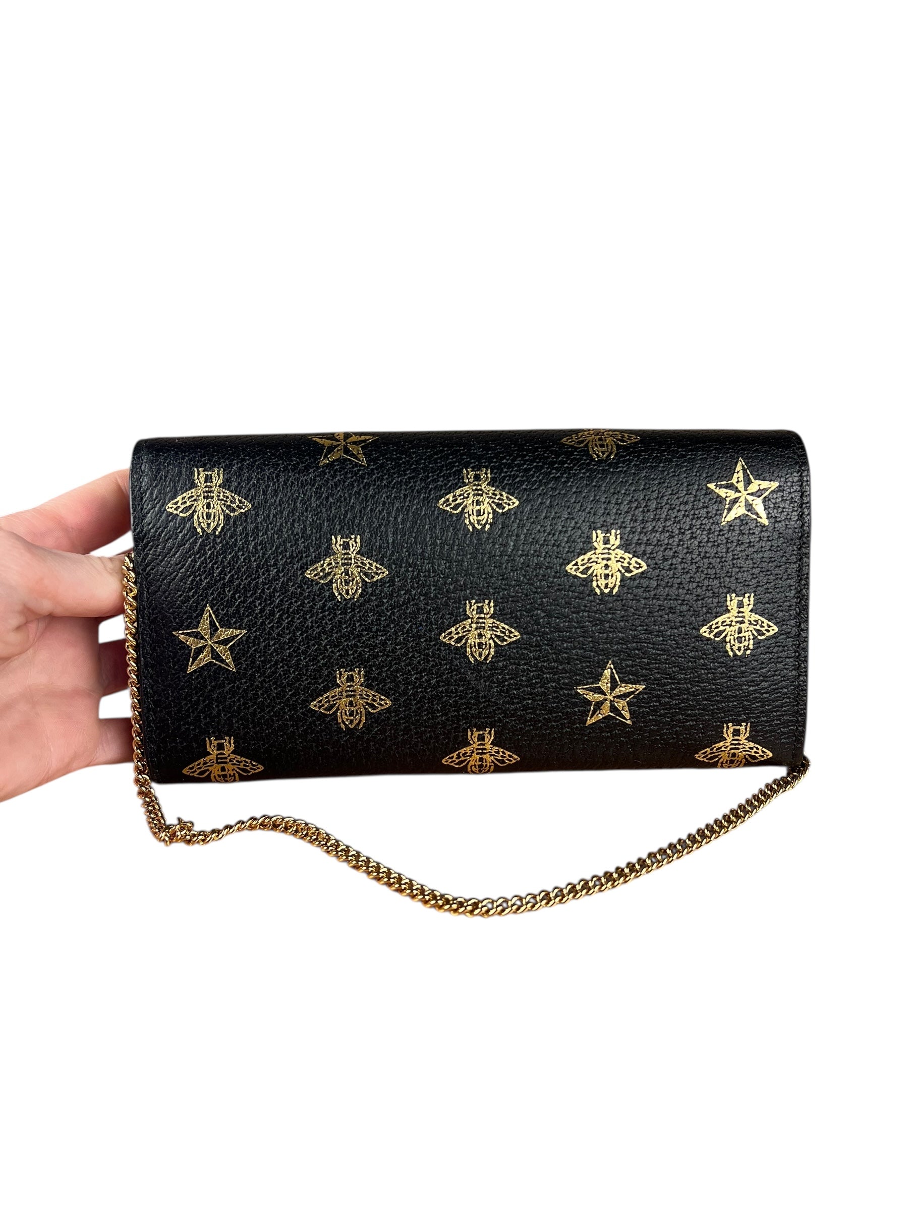 Gucci Leather Bees Padlock Continental Wallet On Chain Black