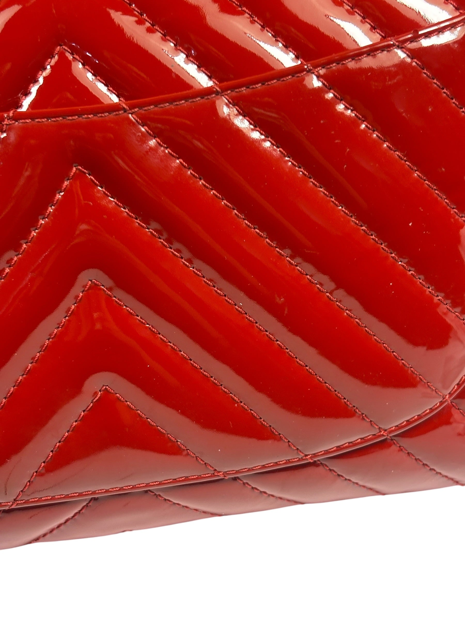 Chanel Red Patent Leather Chevron Jumbo Flap Bag 2009