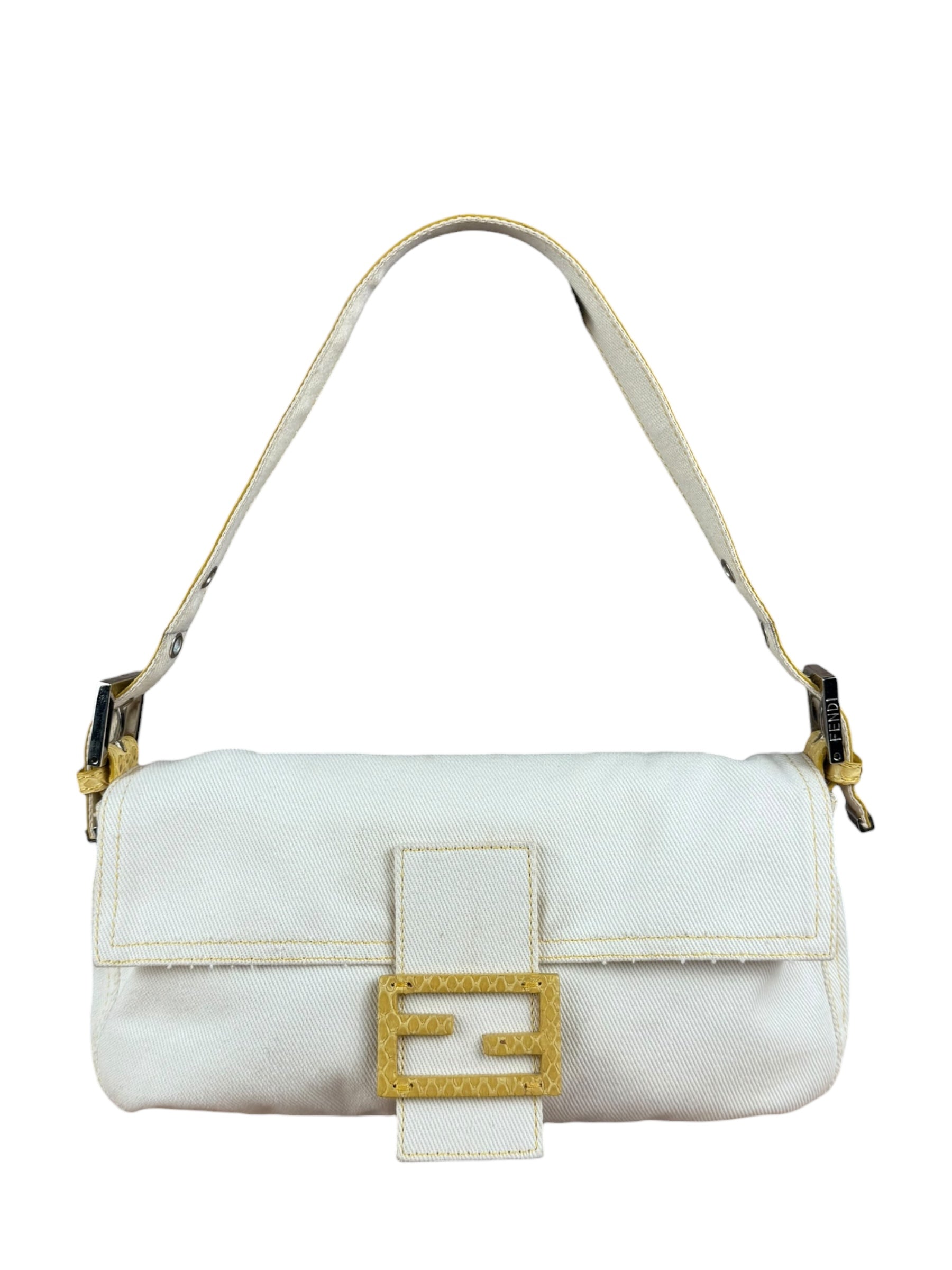 Fendi Vintage Denim x Snakeskin Baguette Yellow