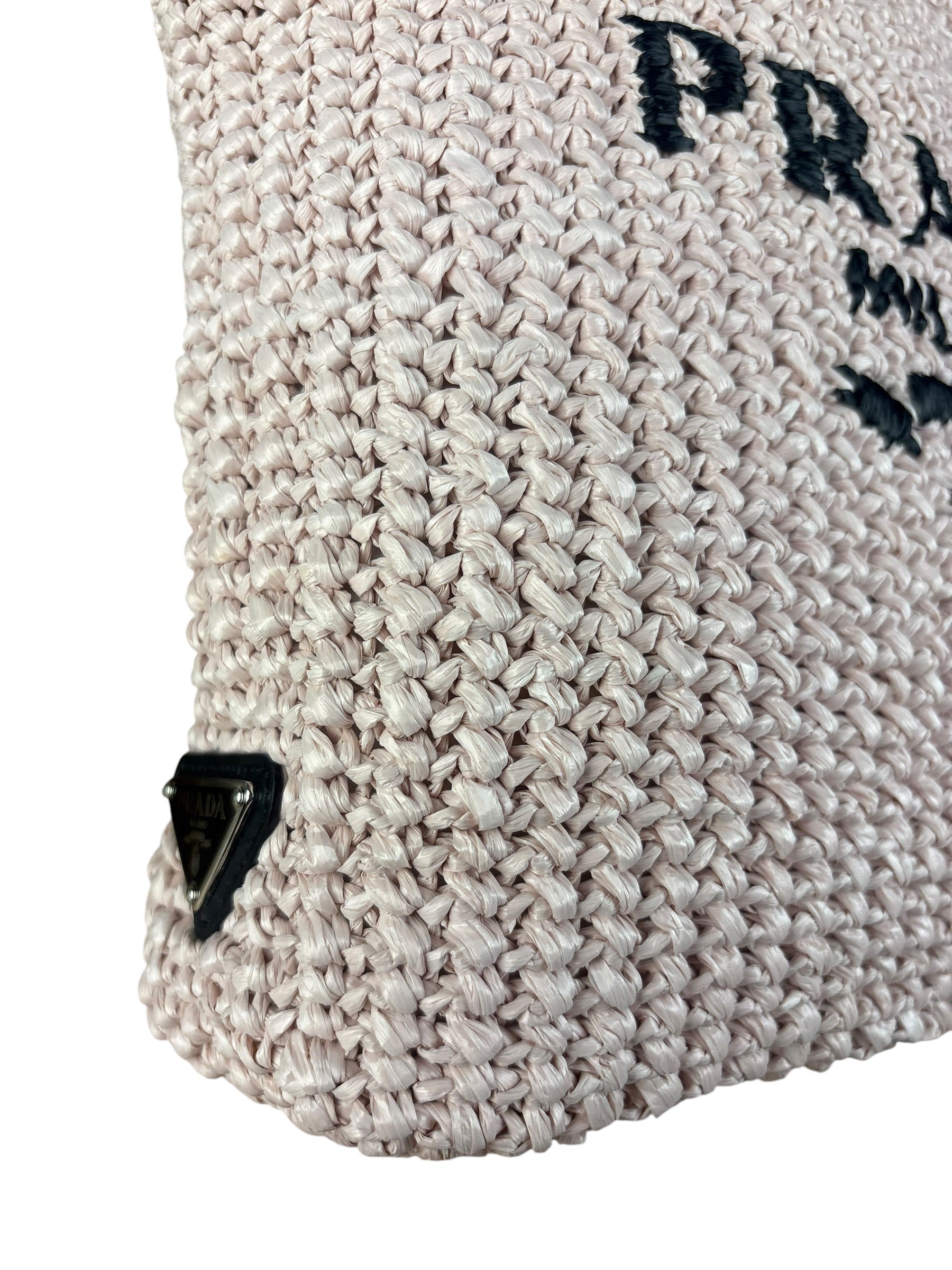 Prada Pink Raffia Woven Crochet Logo Tote Bag