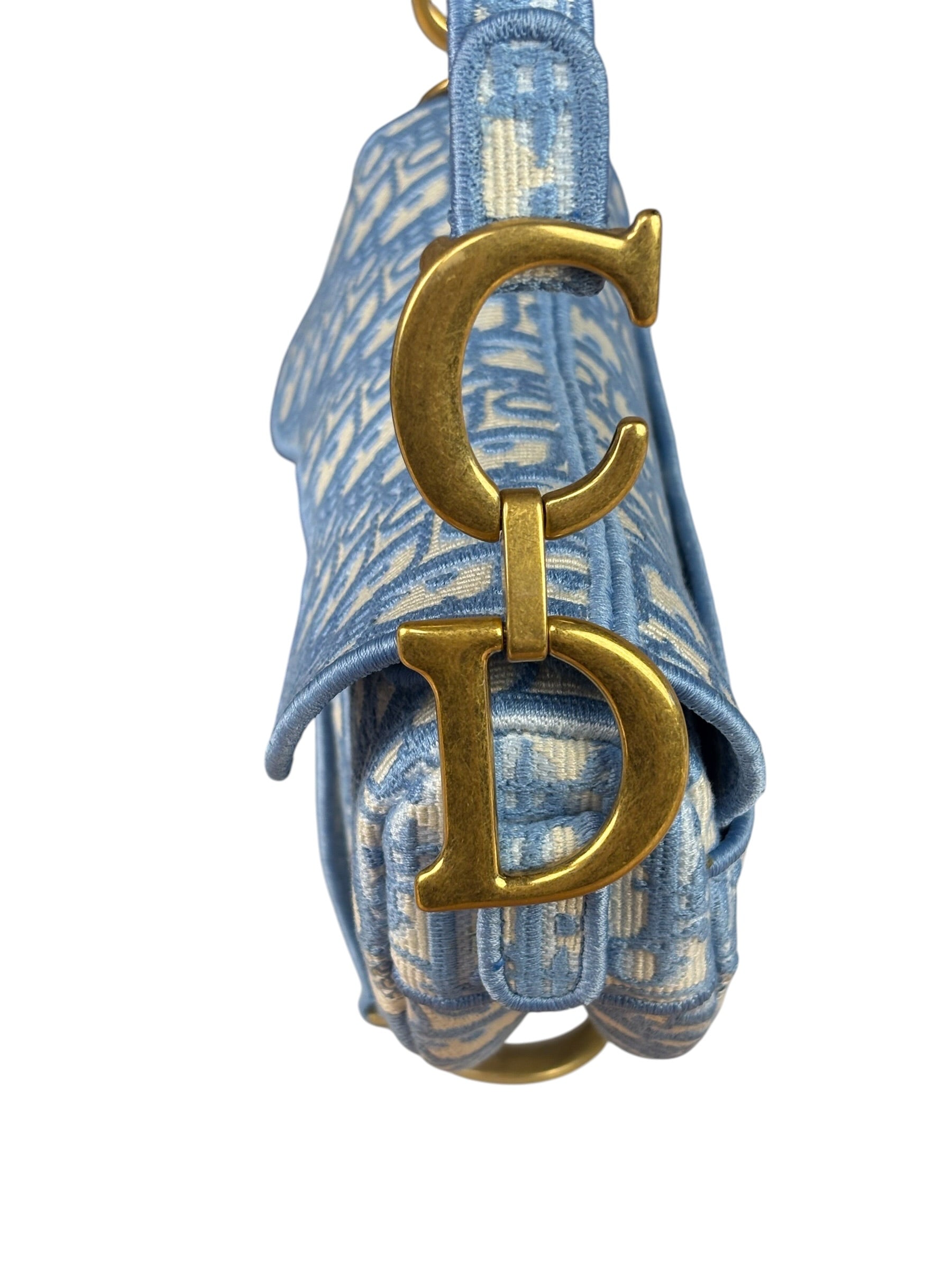 Christian Dior Blue/White Oblique Embroidered Saddle Bag