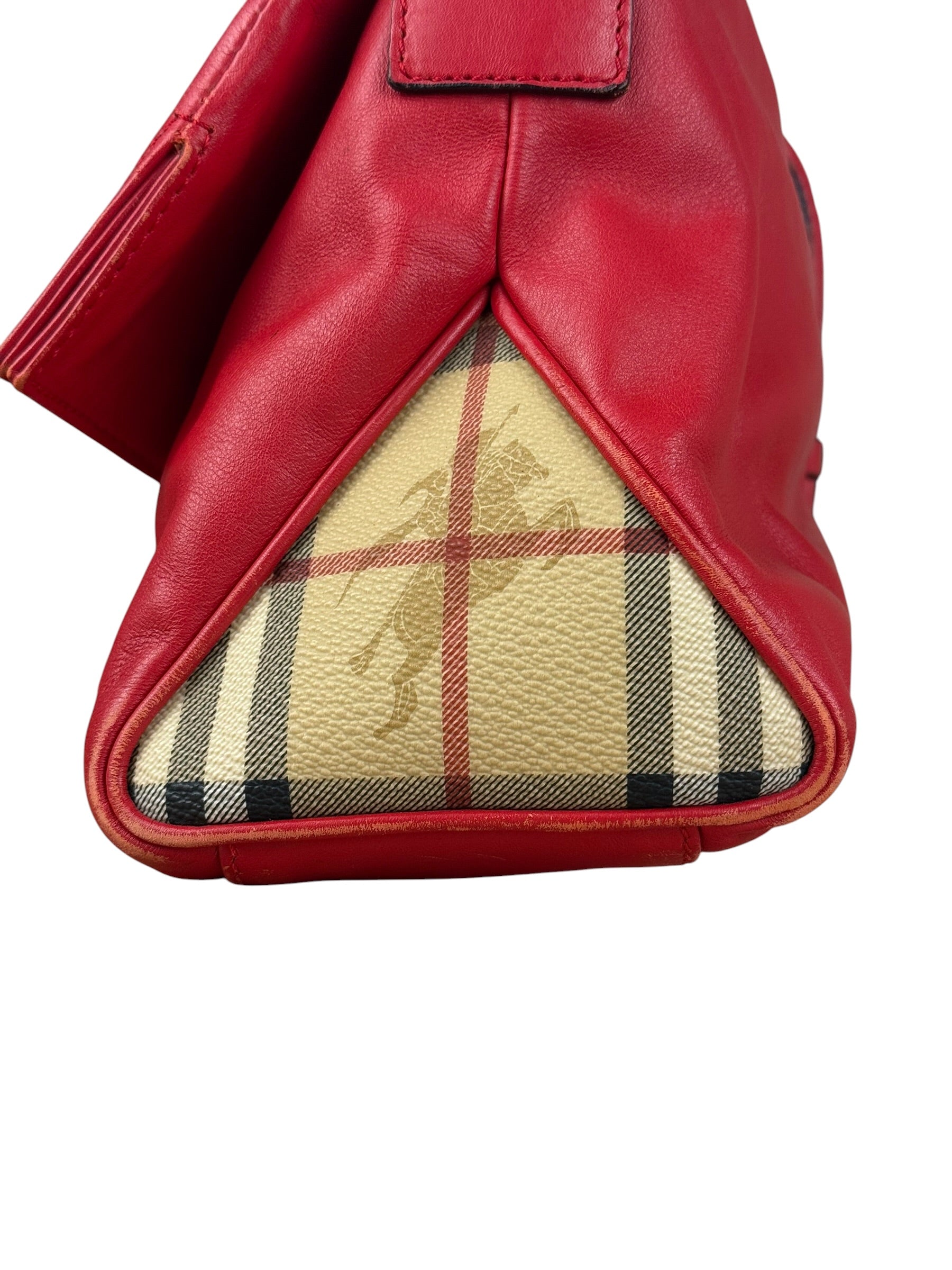 Burberry Red Leather Haymarket Check Shoulder Bag