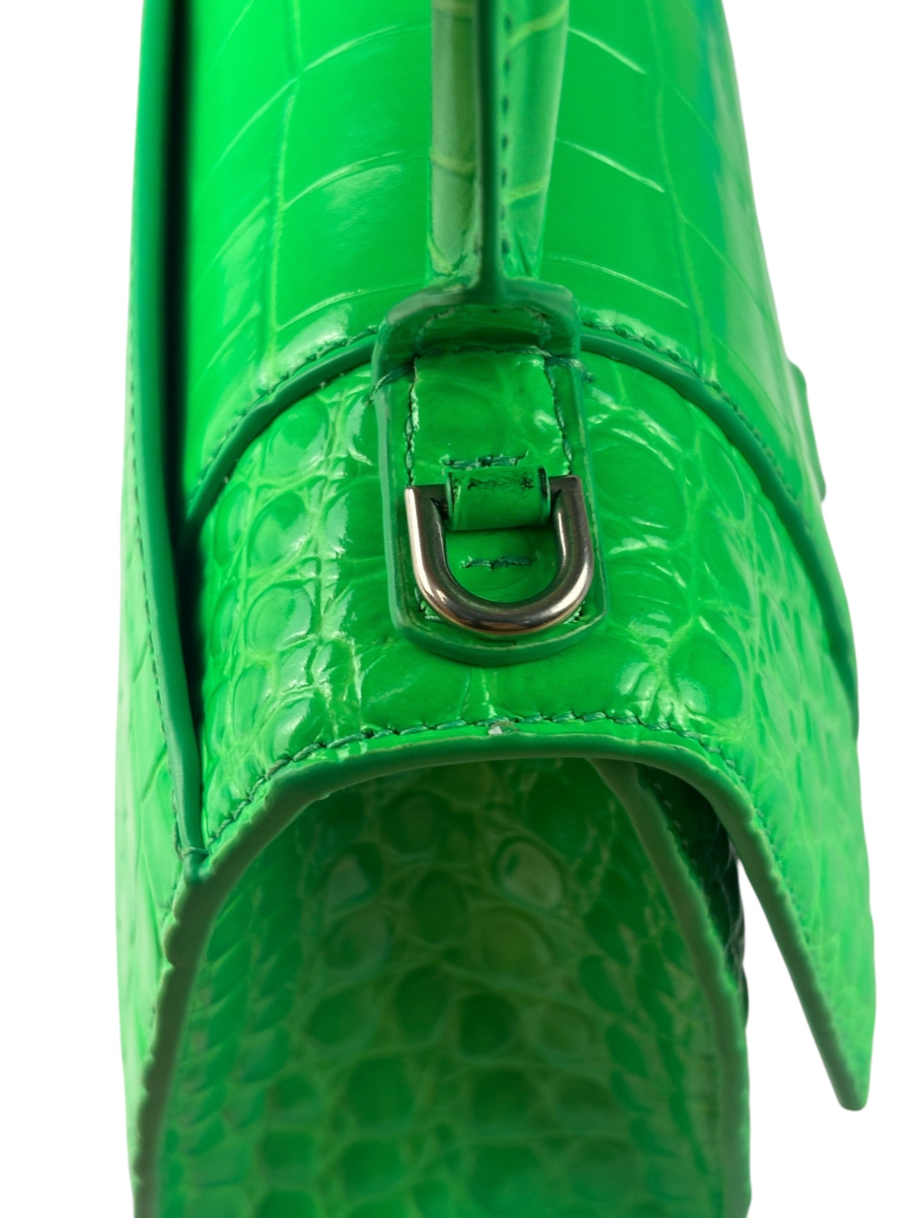 Balenciaga Fluo Green Crocodile Embossed Hourglass XS Two-Way Bag