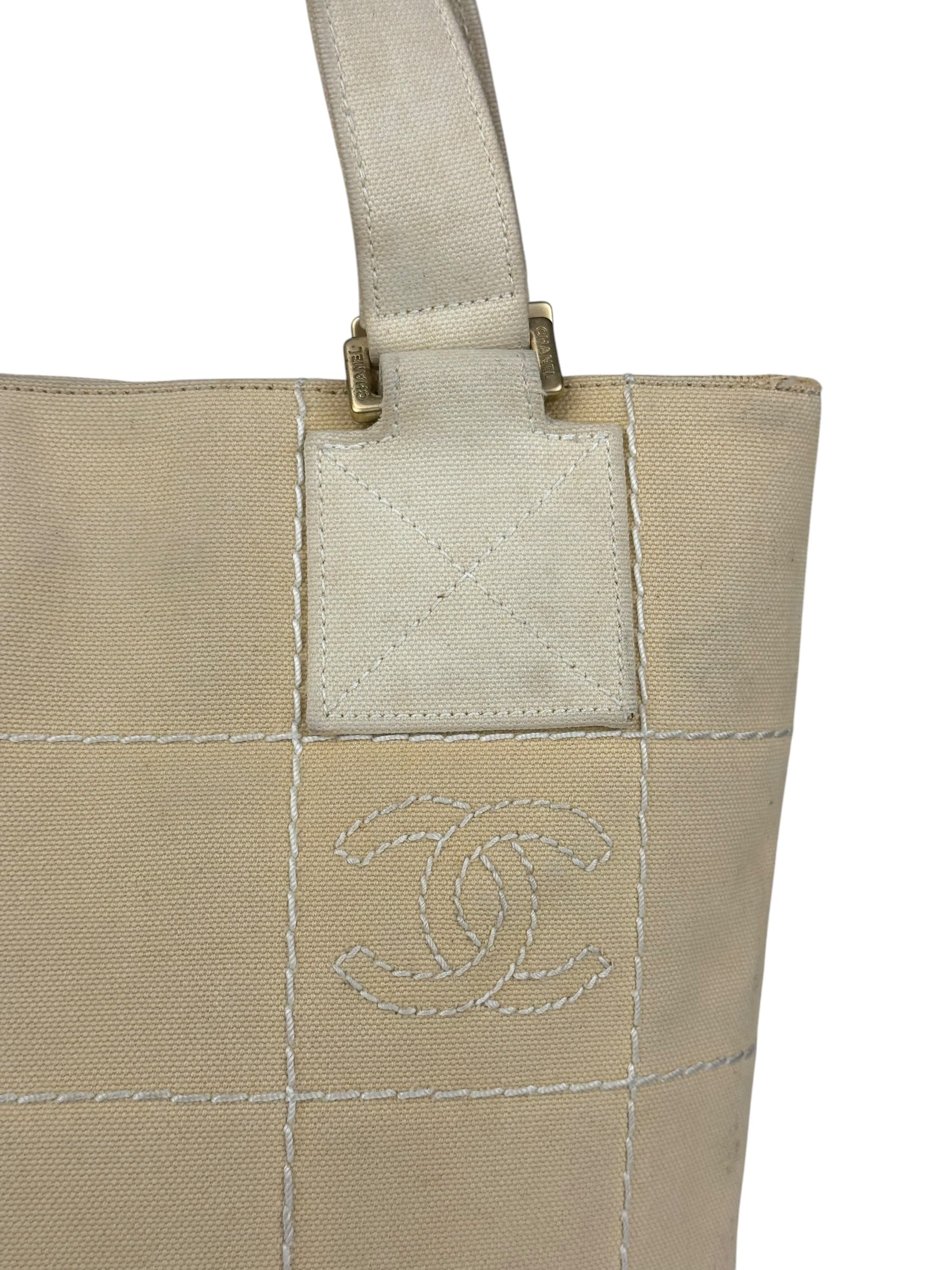 Chanel Vintage Beige Canvas Quilted Chocolate Bar Tote 2003