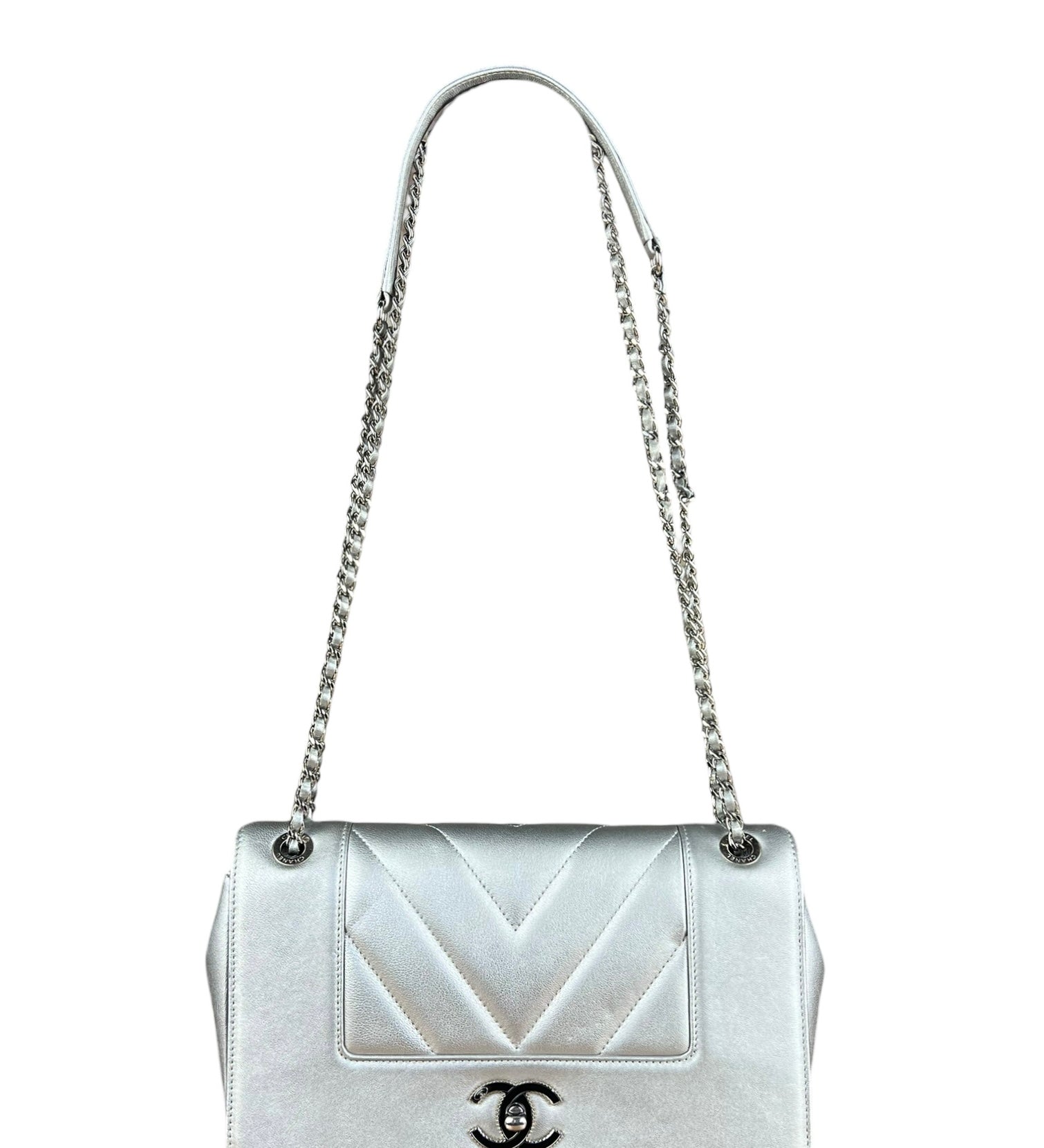 Chanel 2017 Mademoiselle Silver Chevron Single Flap
