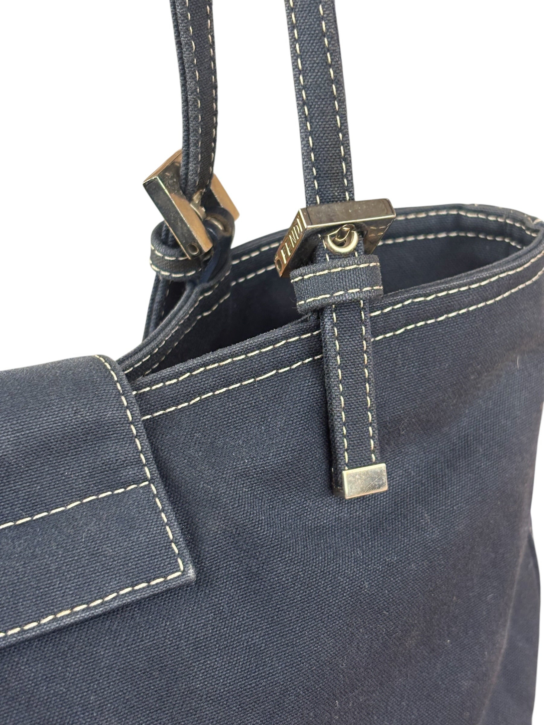 Fendi Vintage Navy Blue Leather Trim Mamma Baguette