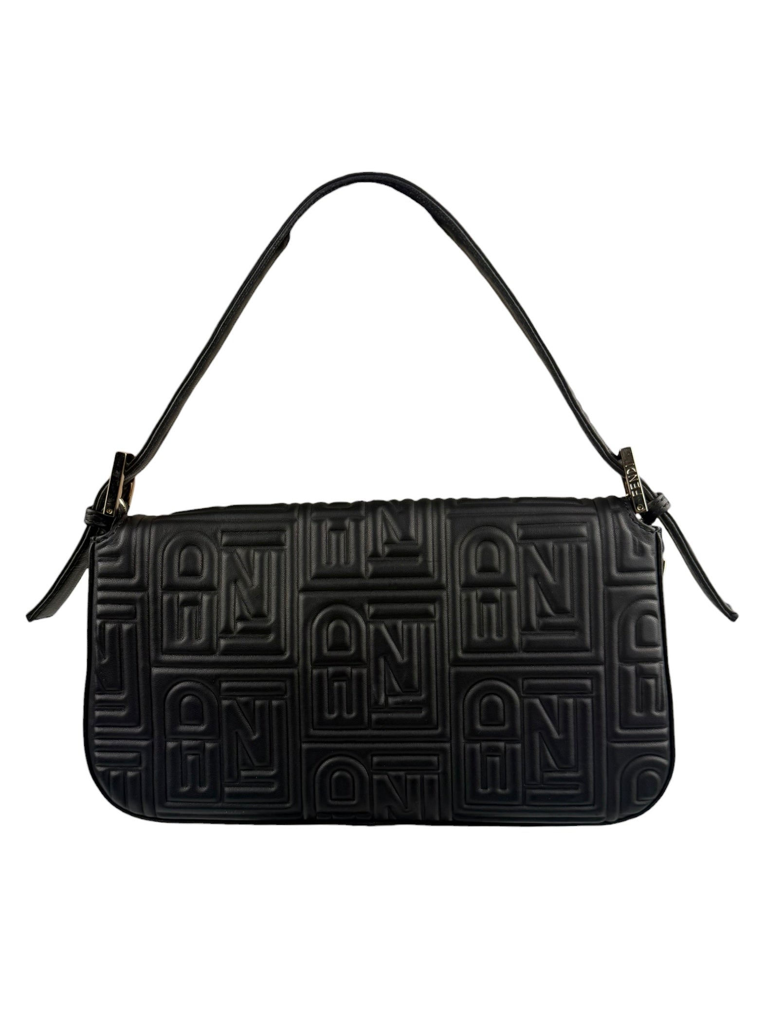 Fendi Black Leather 3D Logo Embossed Baguette