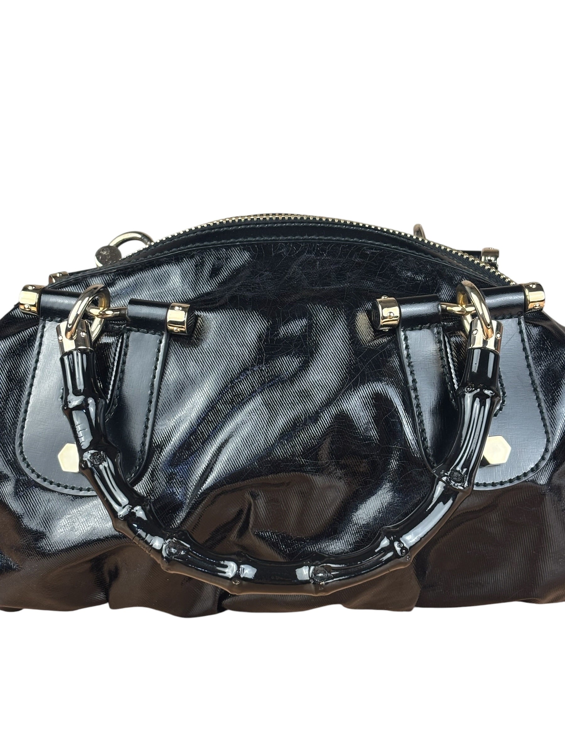 Gucci Black Patent Vintage Dialux Pop Bamboo 2Way Handbag
