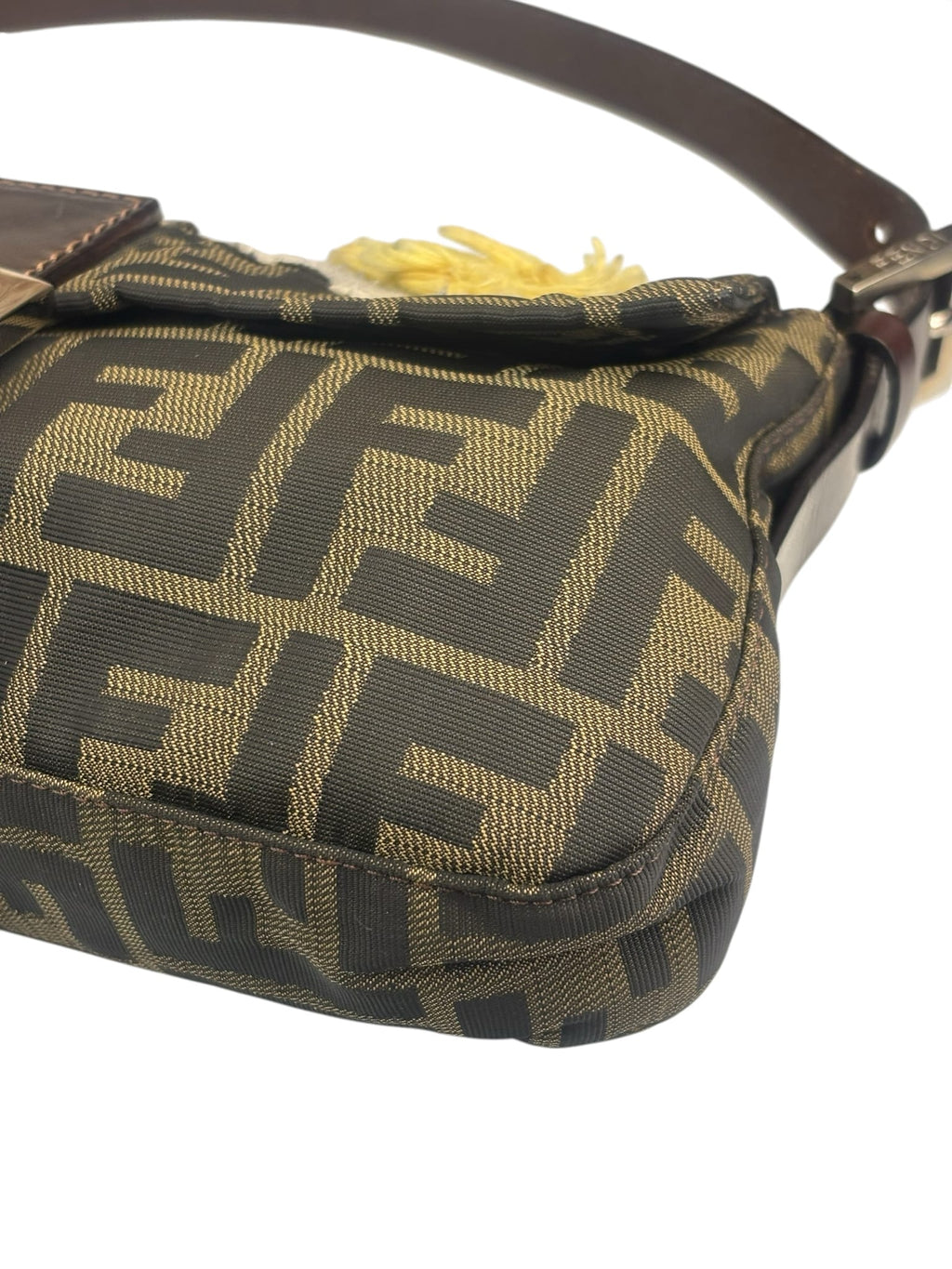 Fendi Brown Leather Trim Zucca Floral Embroidered Baguette
