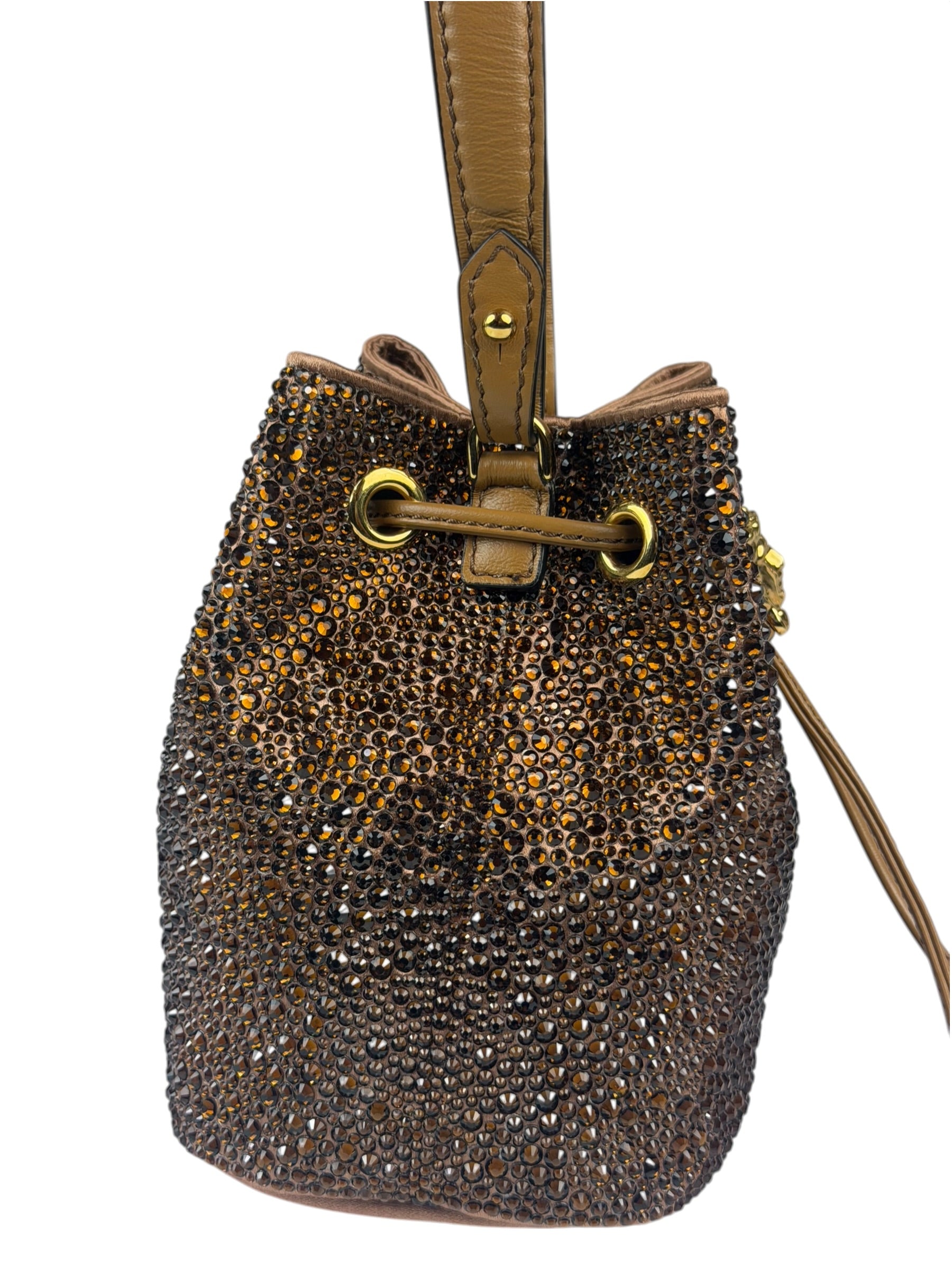 Versace La Medusa Brown Satin Crystal Embellished Mini Bucket Bag