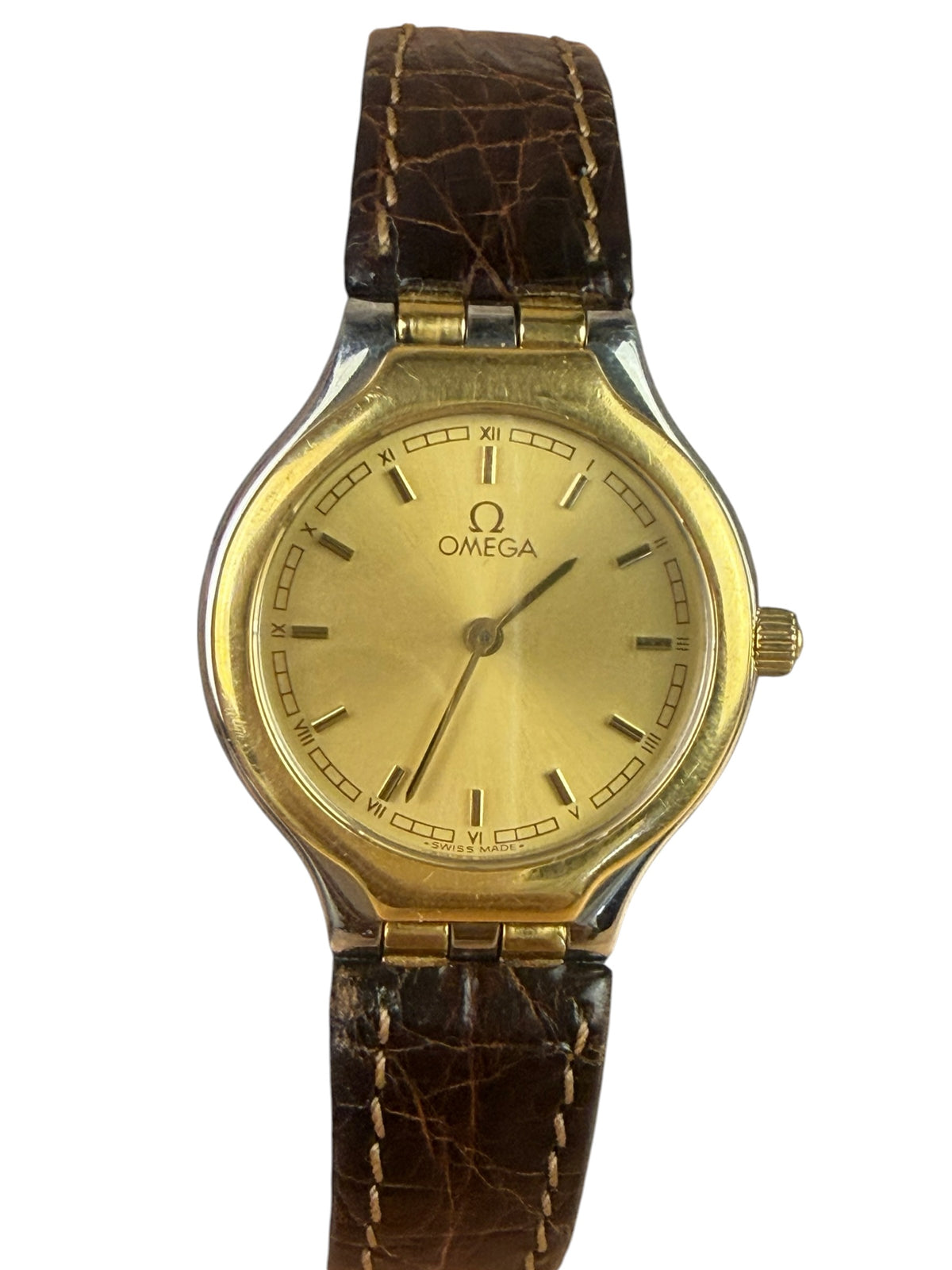 Omega Round Champagne Stick Dial Leather Strap
