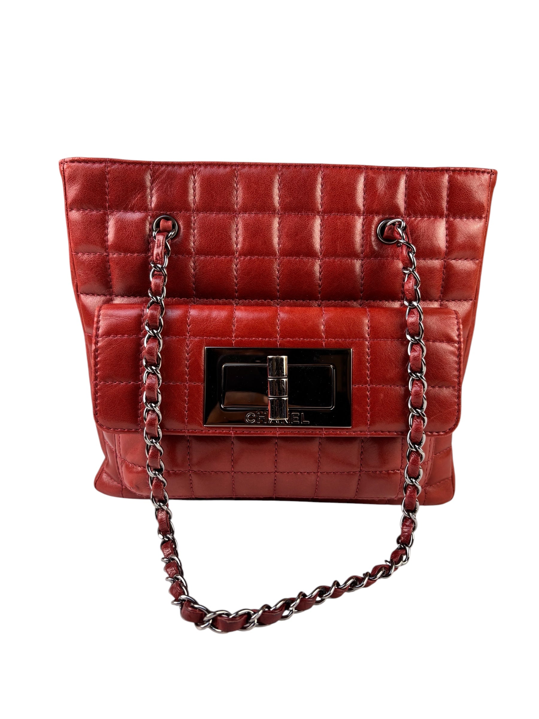 Chanel Red Lambskin Chocolate Bar Mademoiselle Reissue Square Tote  2004
