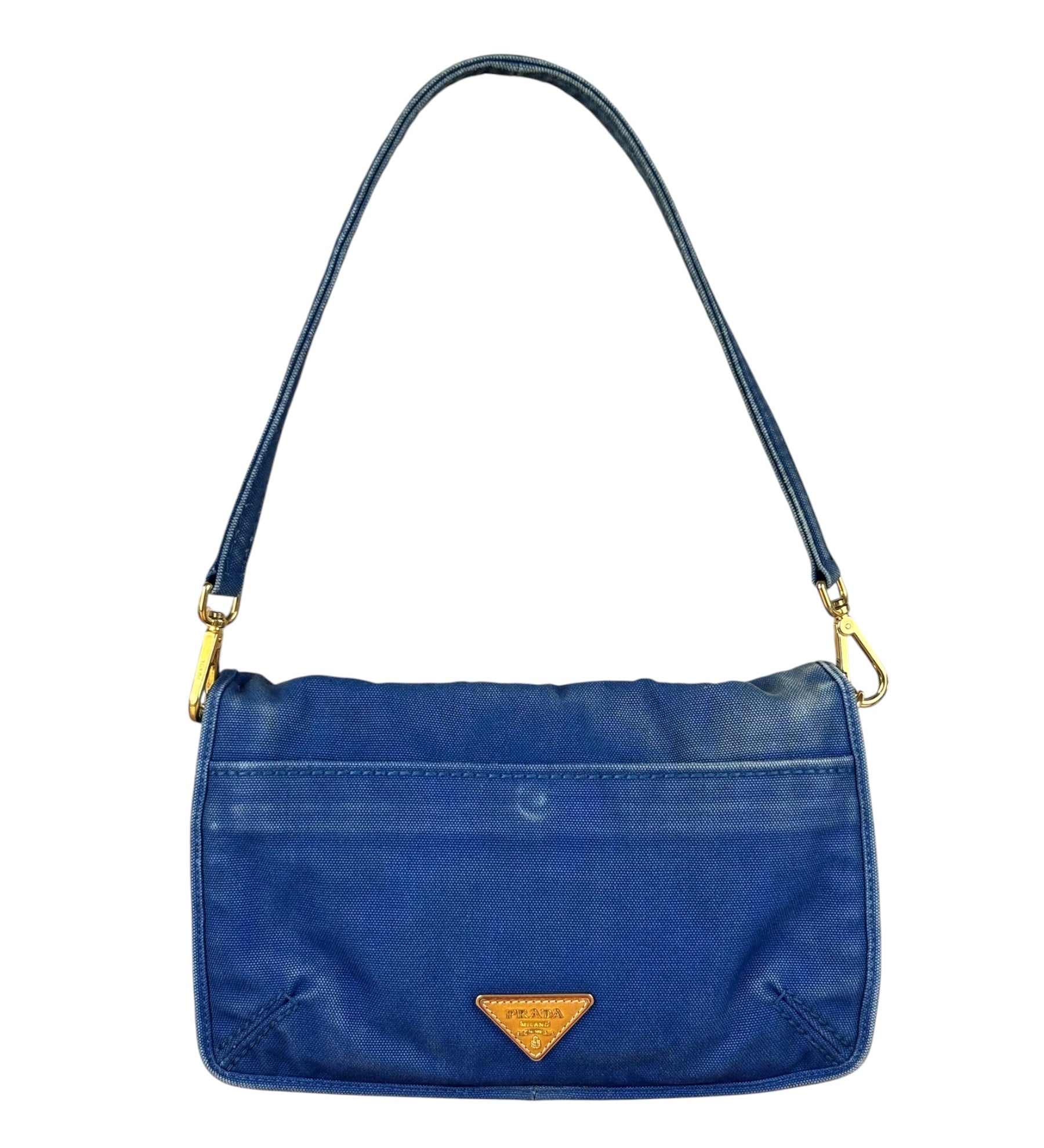 Prada Vintage Cobalt Blue Canvas Flap Shoulder Bag