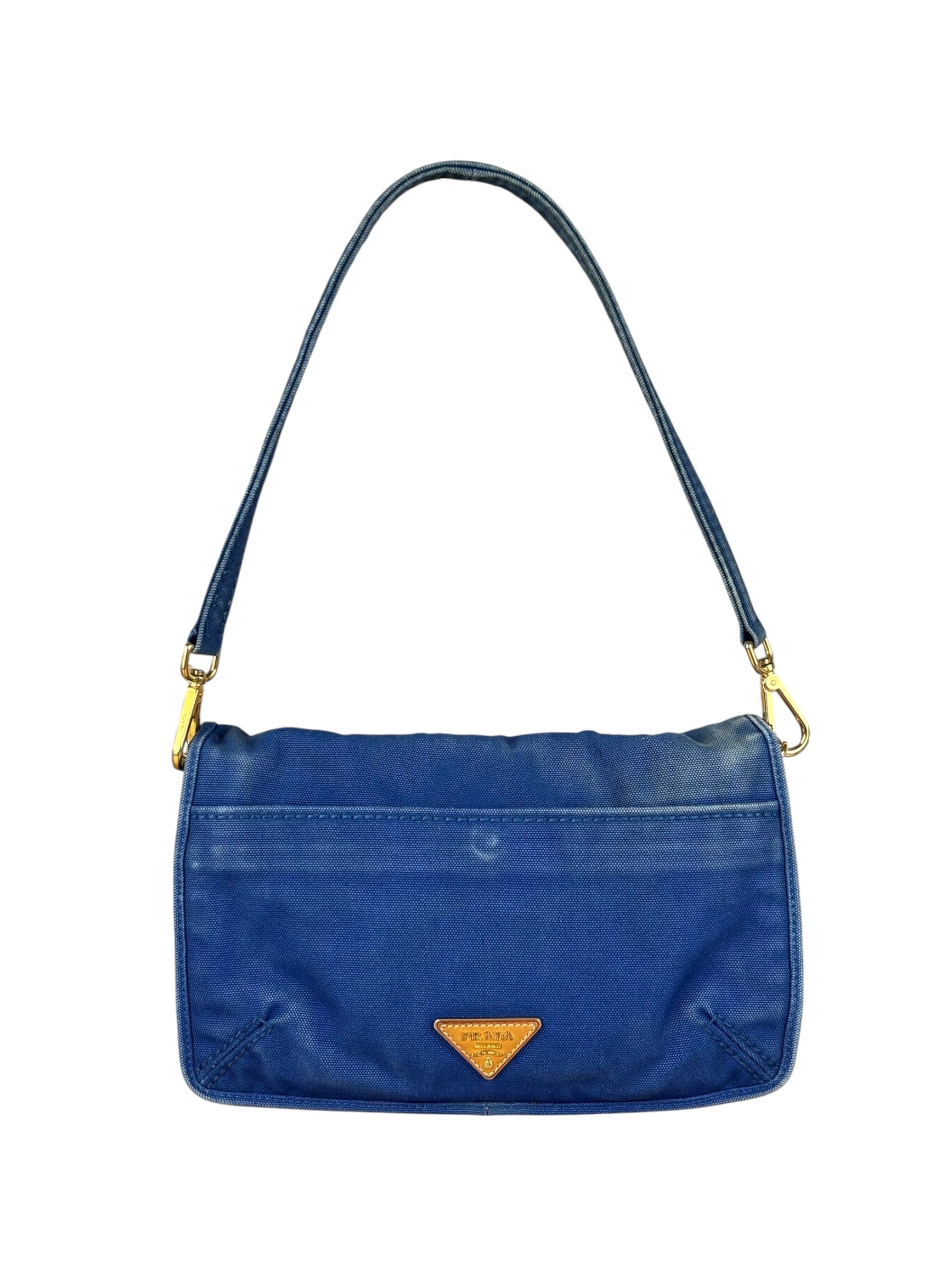 Prada Vintage Cobalt Blue Canvas Flap Shoulder Bag