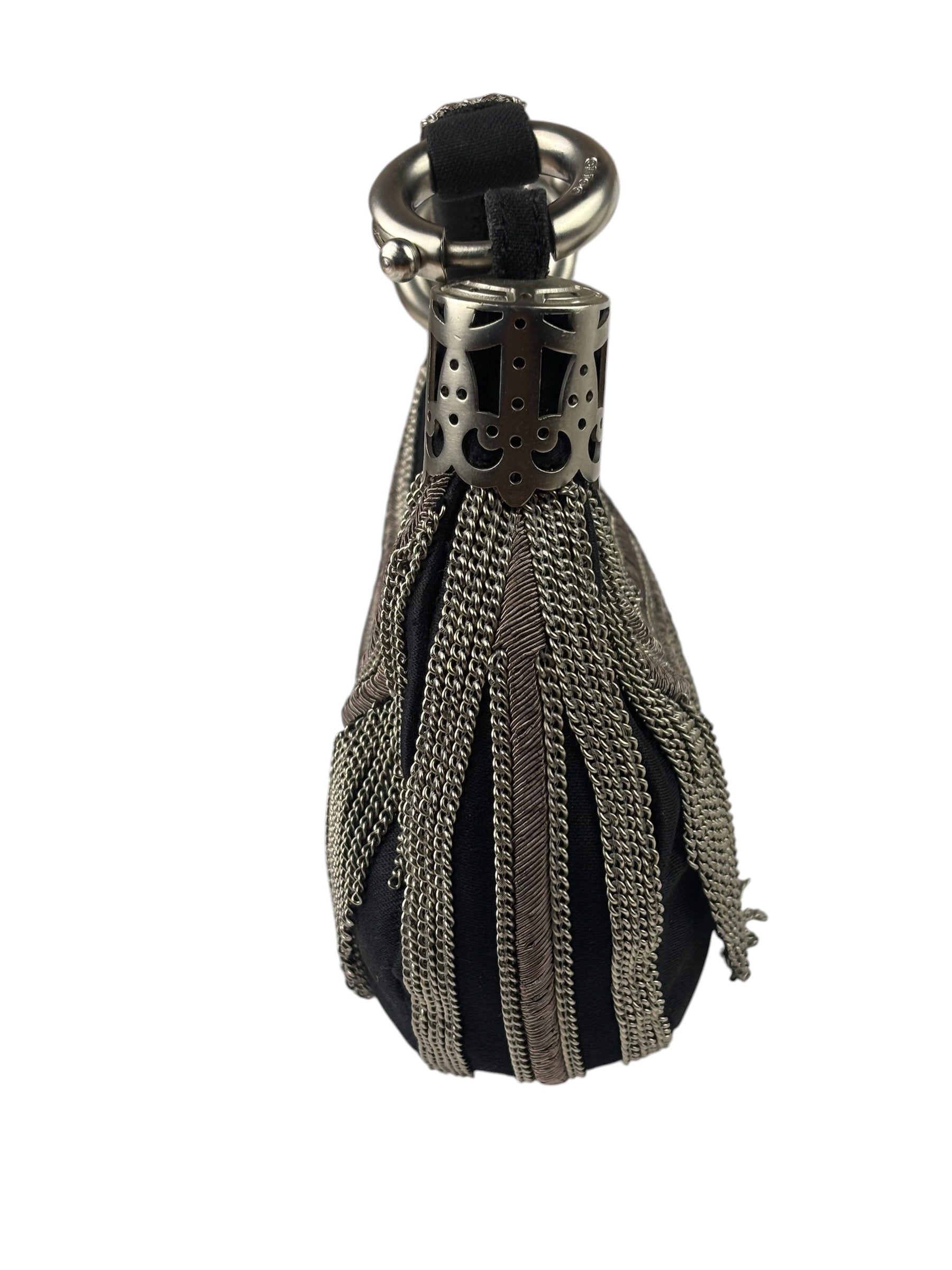 Chole Black Nylon Chain-Link Crescent Mini Hobo Bag