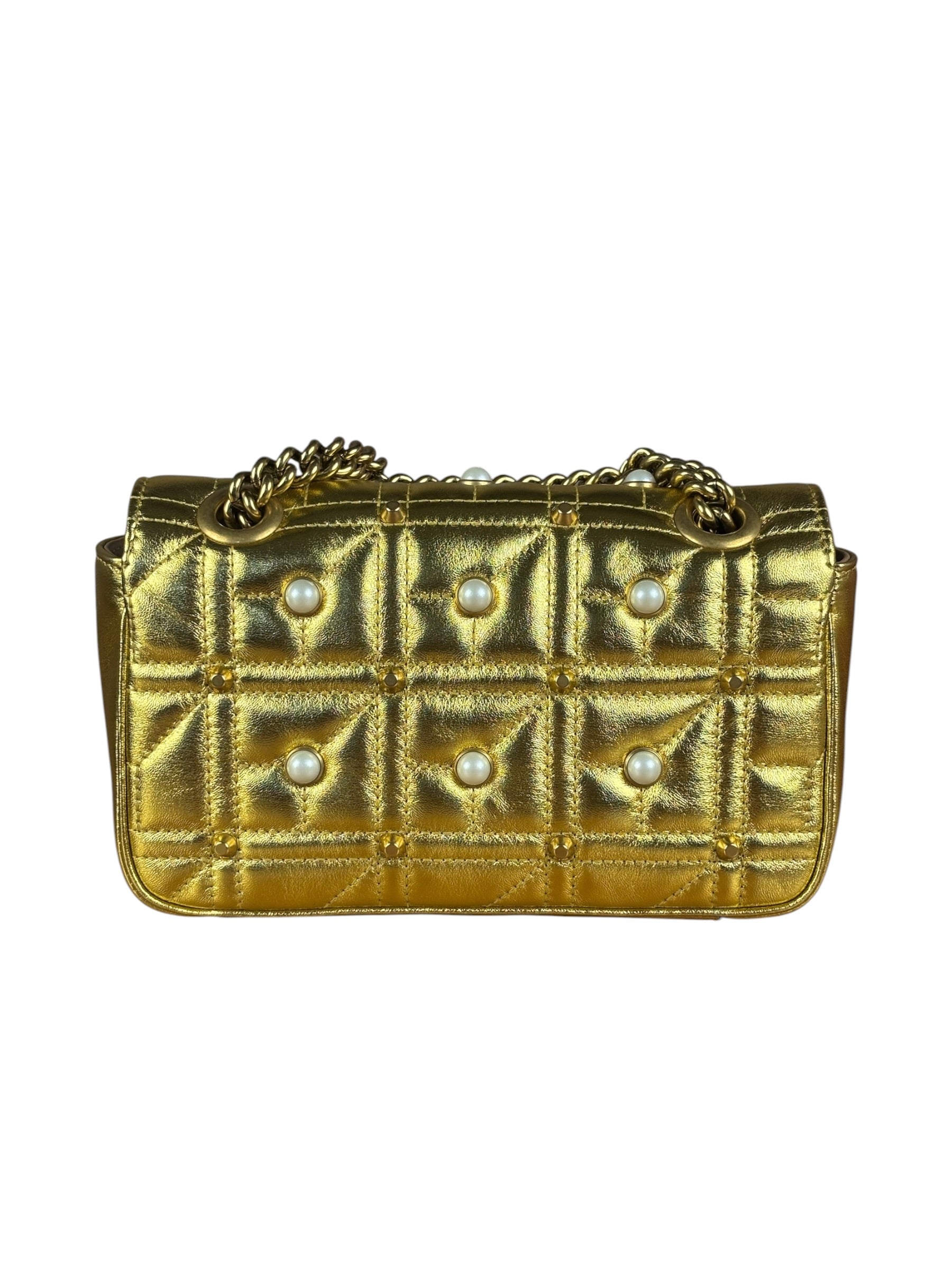Gucci Gold GG Marmont Pearl Studded Mini Flap Bag