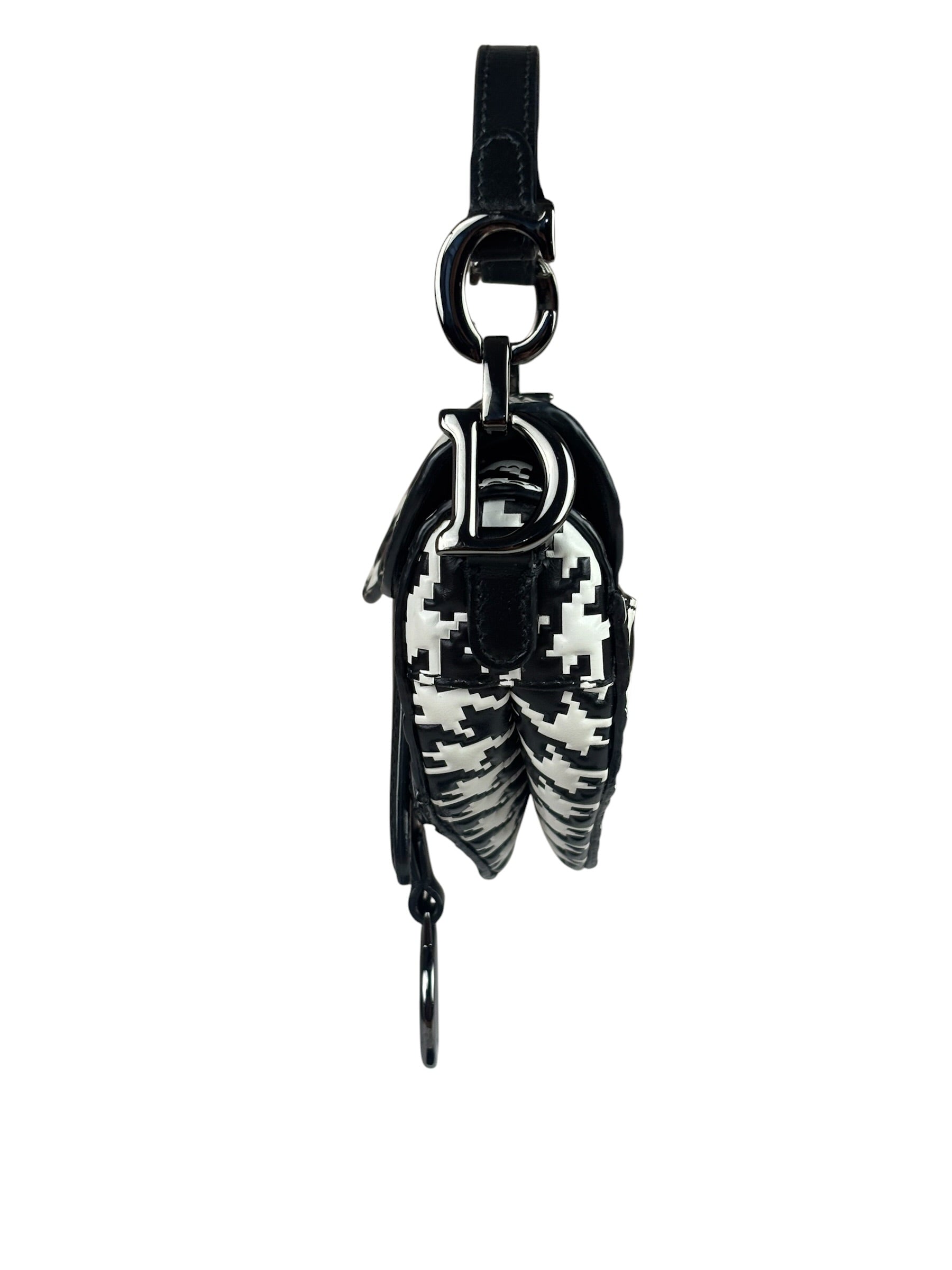 Christian Dior White/Black Leather Houndstooth Micro Saddle Bag