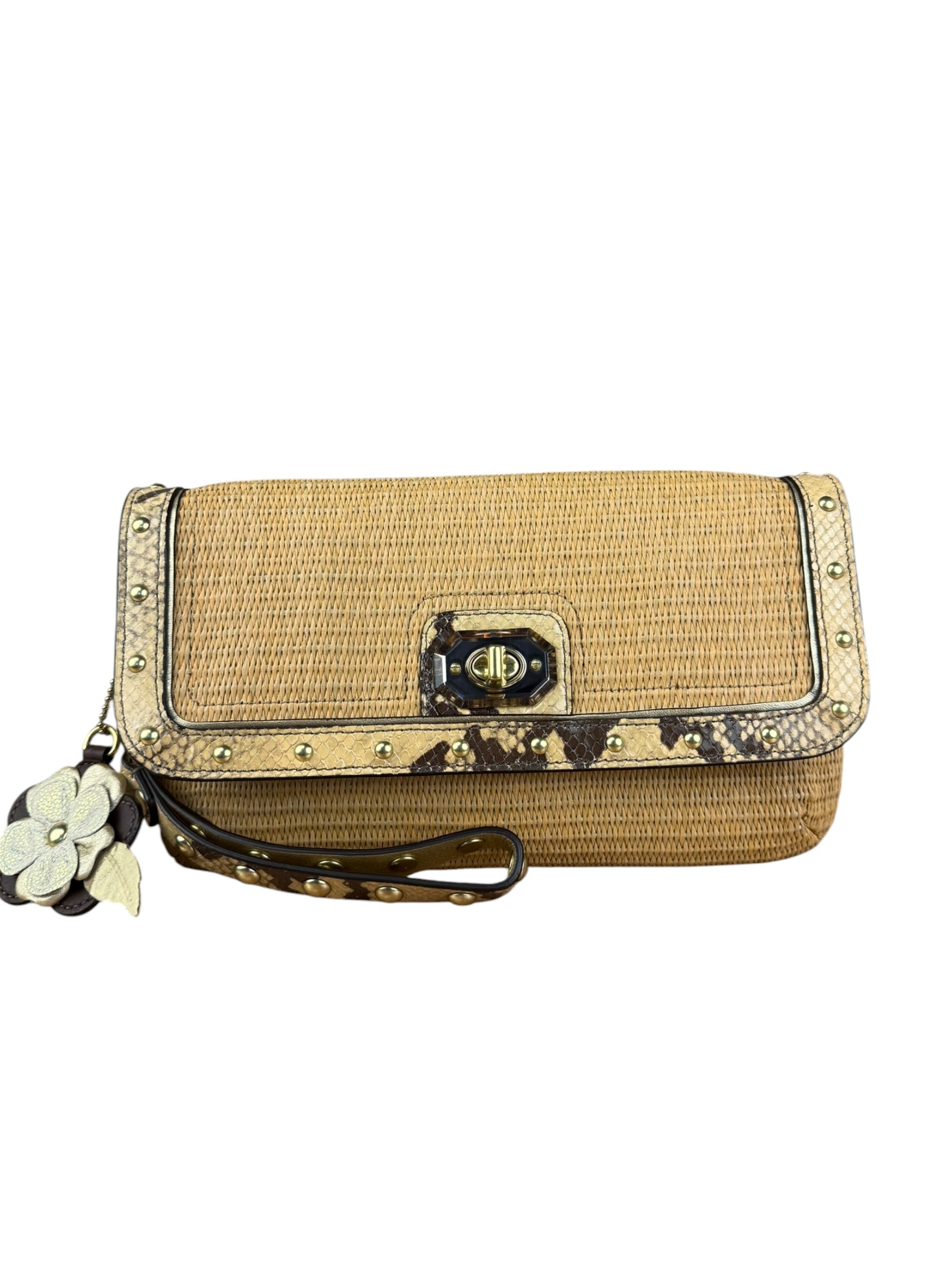 Coach Python-Trimmed Straw Natalie Wristlet