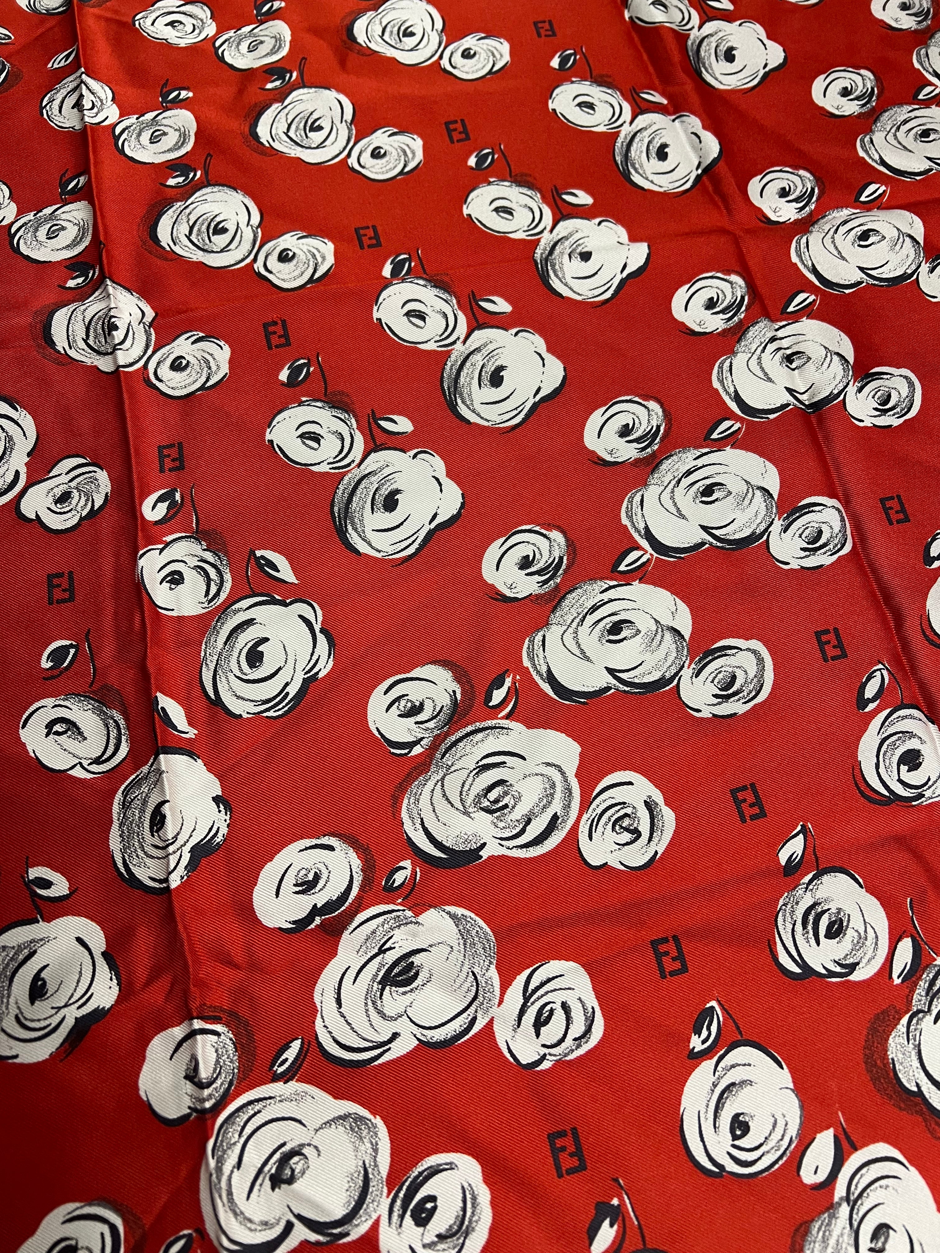 Fendi Red Rose Patterned Silk Scarf