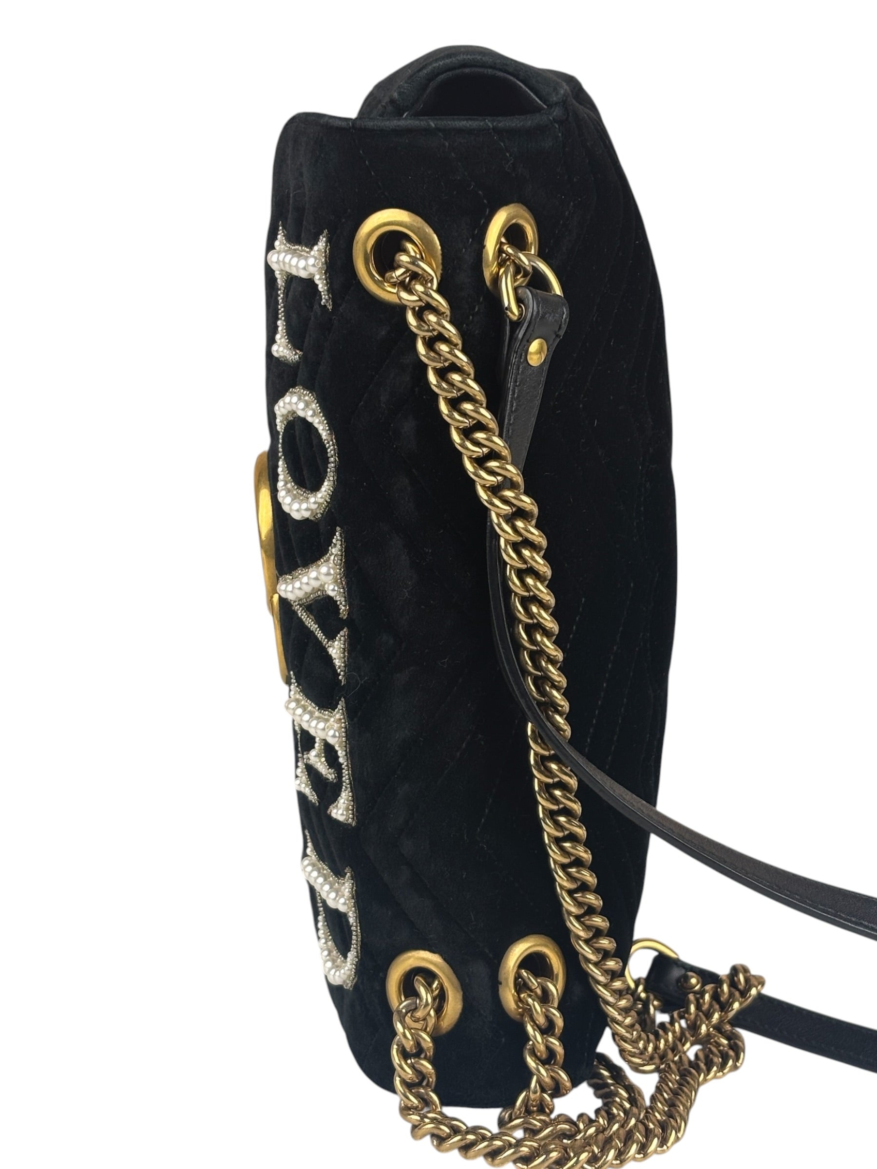 Gucci Black Velvet Marmont Floral Embroidered Shoulder Bag