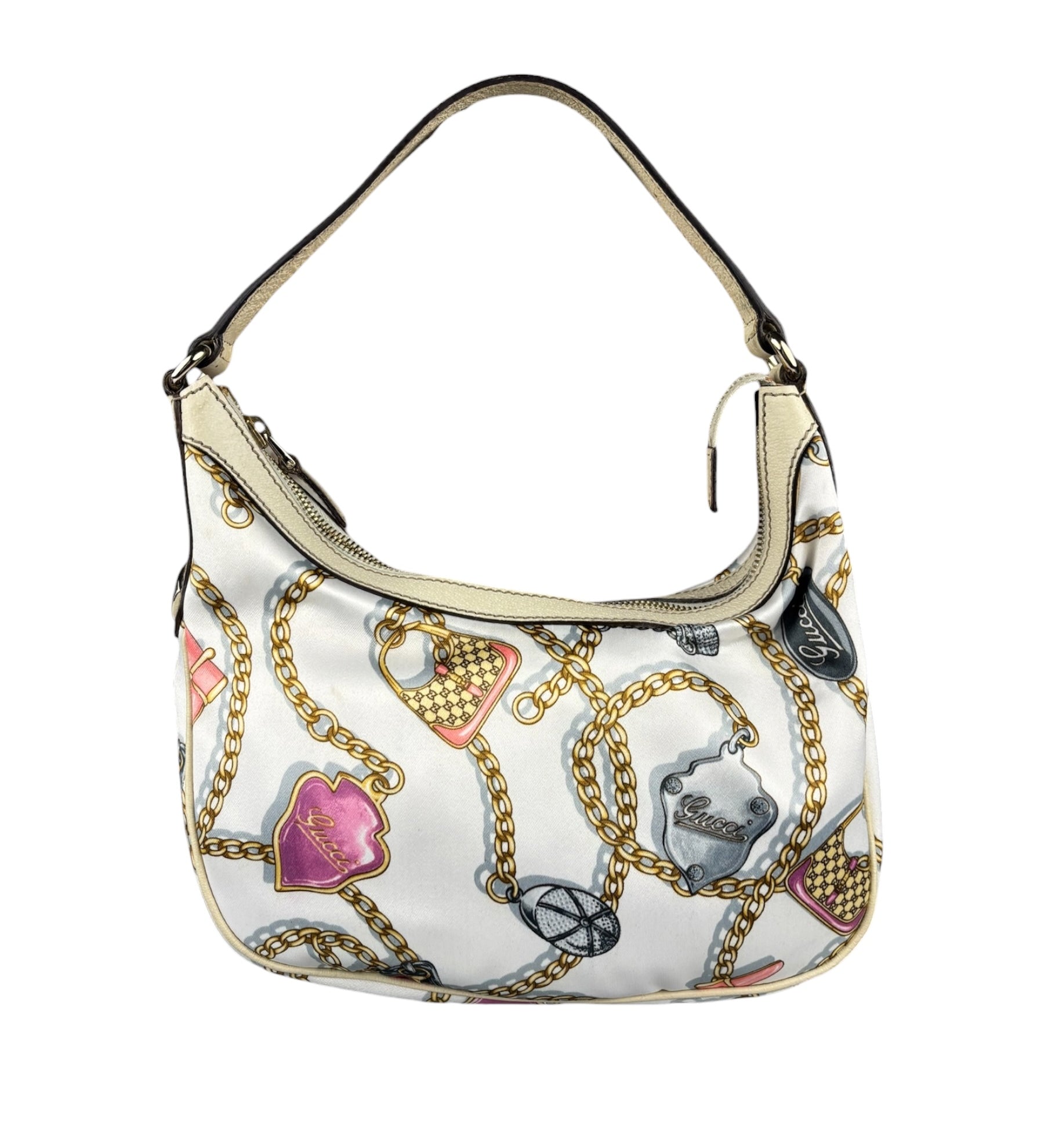 Gucci Vintage Printed Satin Silk Charmy Hobo Bag