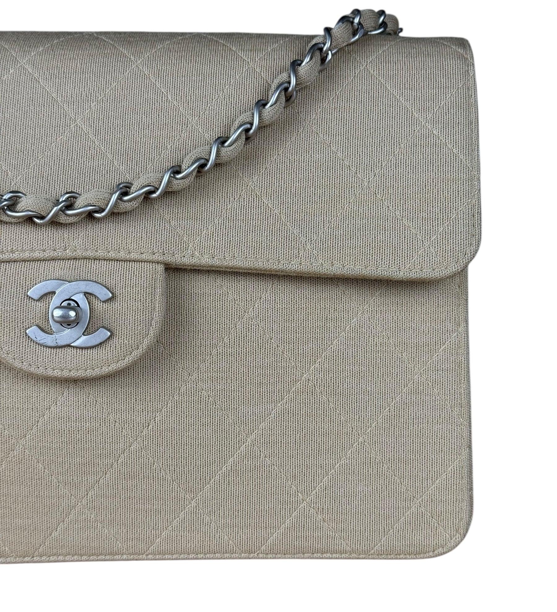 Chanel Beige Quilted Canvas Chain Flap Bag 1998