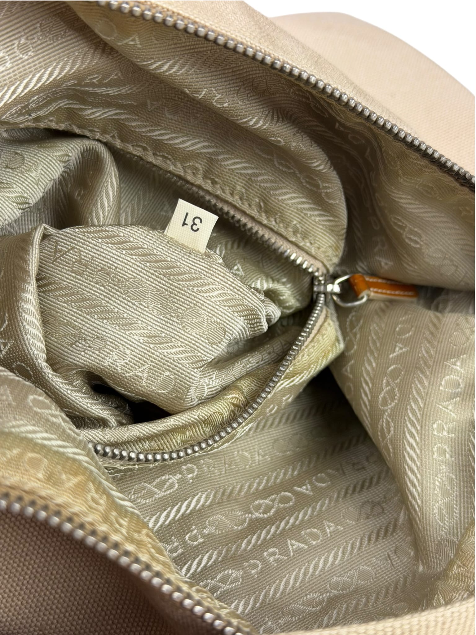 Prada Beige Cloth/Patent Leather Trim Shoulder Bag