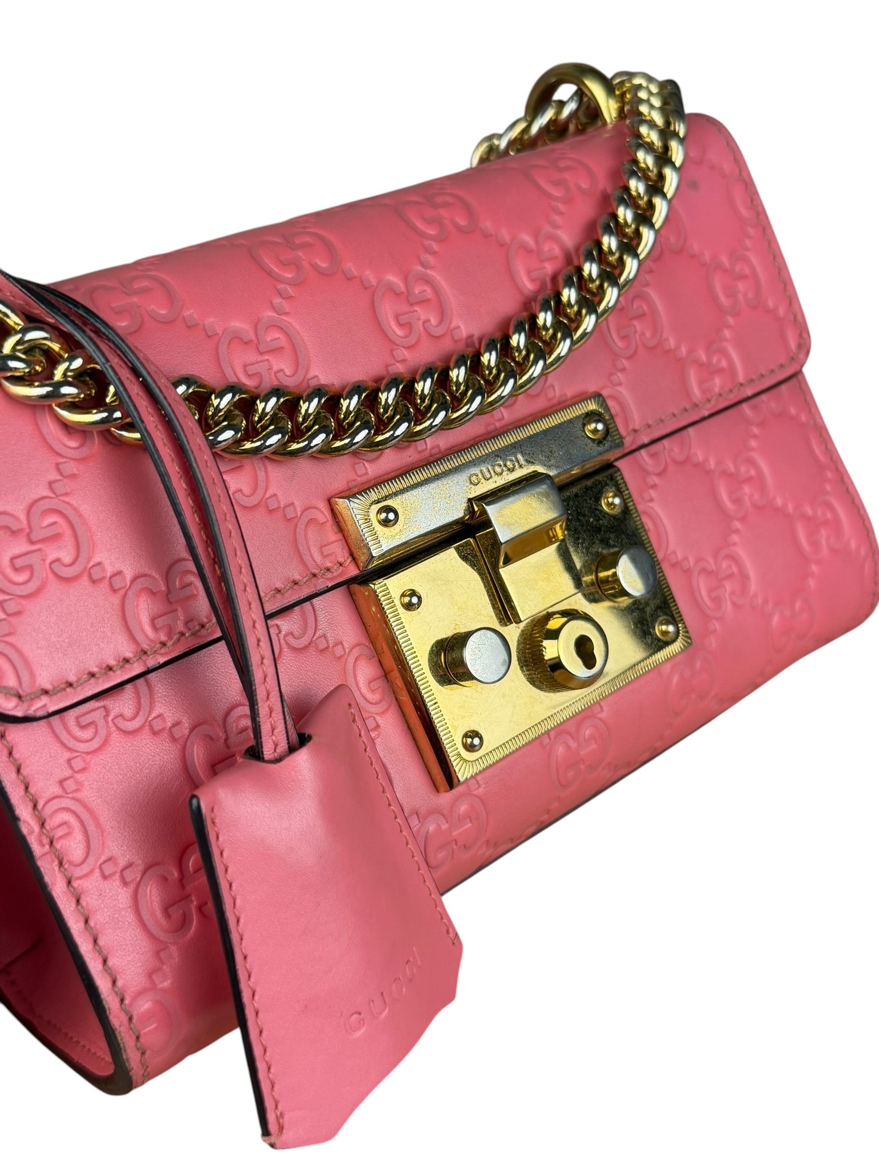 Gucci GG Pink Embossed Leather Small Padlock Chain Bag