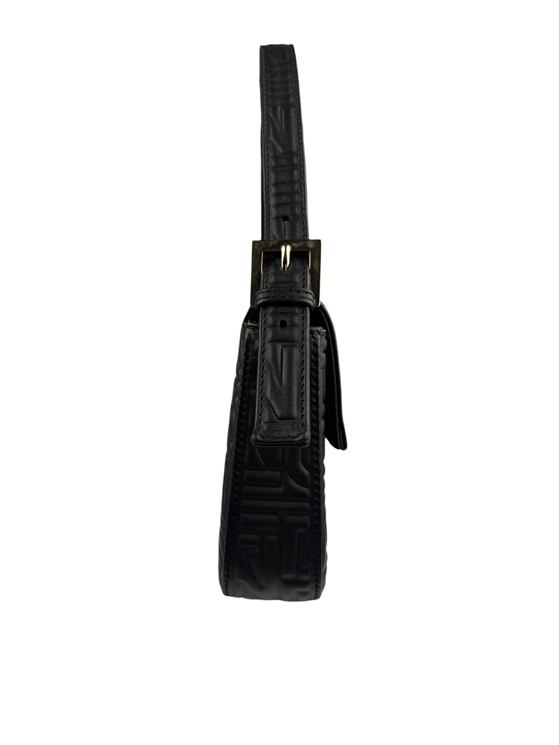 Fendi Black Leather 3D Logo Embossed Baguette