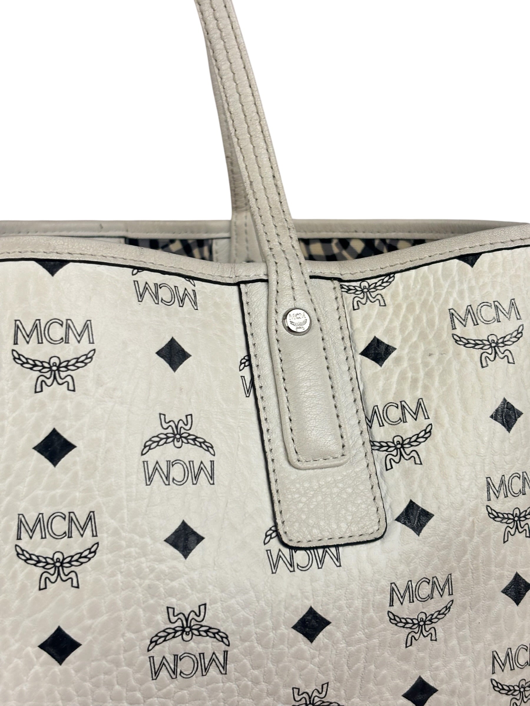 MCM White Leather Reversible Liz Shopper In Visetos Tote Bag