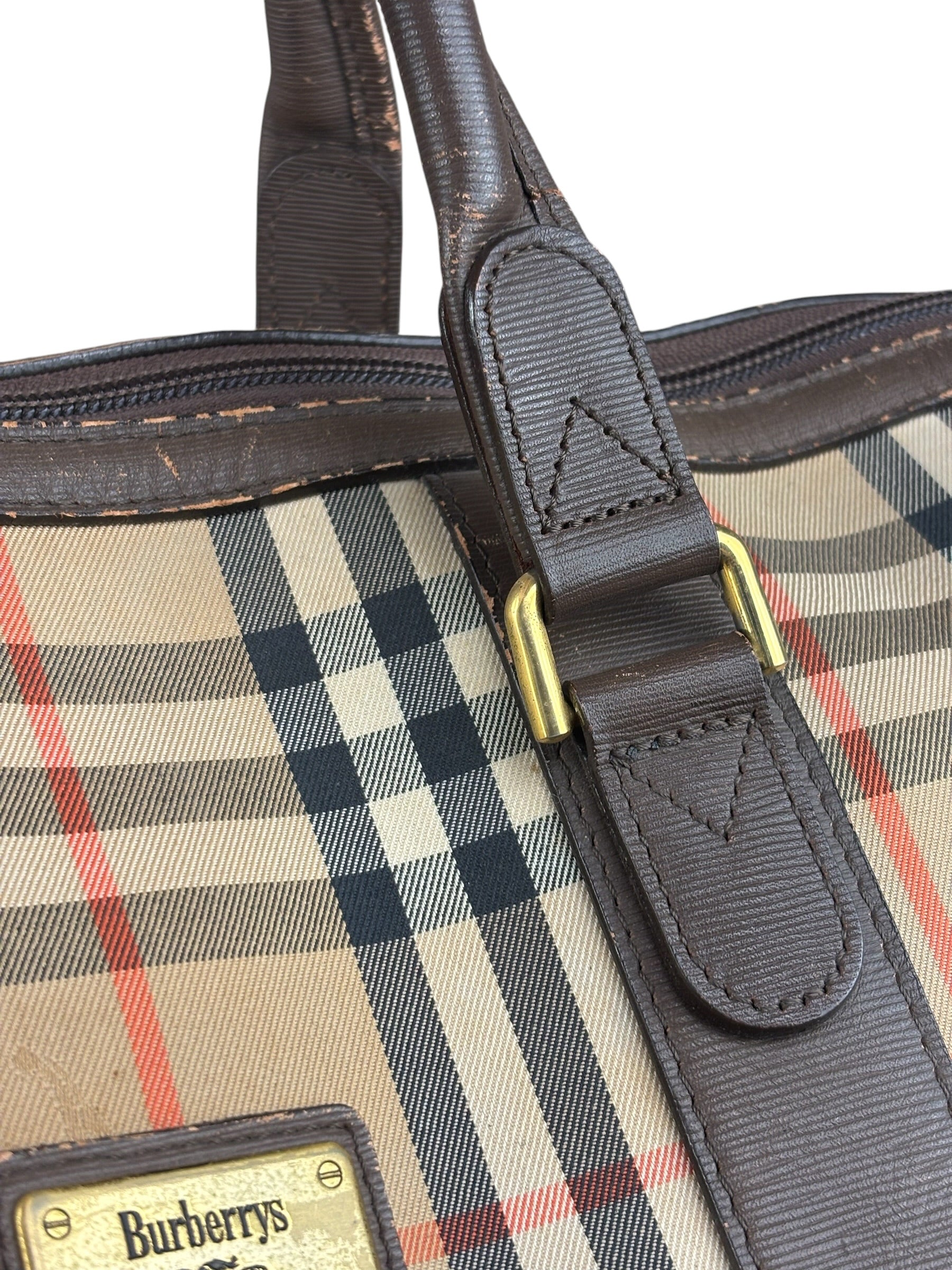 Burberry Leather House Check Boston Duffle Bag