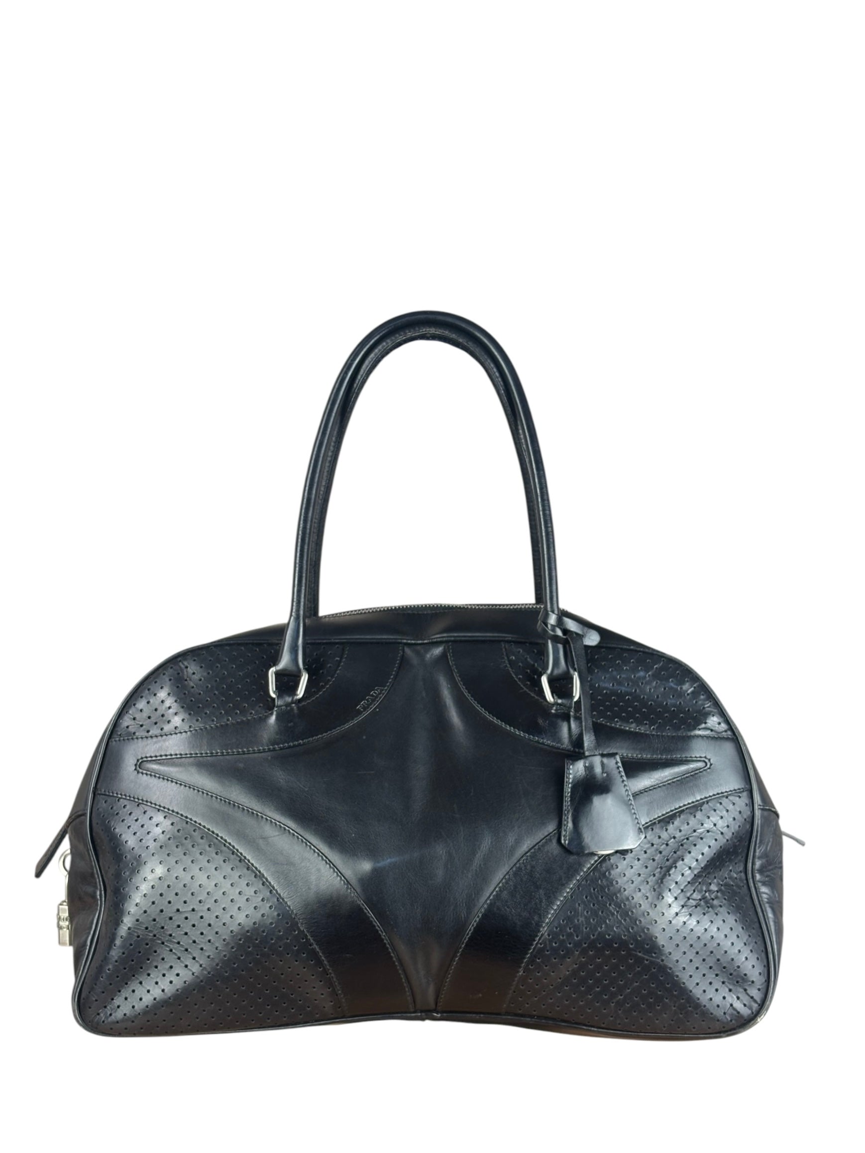 Prada Vintage Black Leather Vitello Drive Perforated Bowling Tote Bag