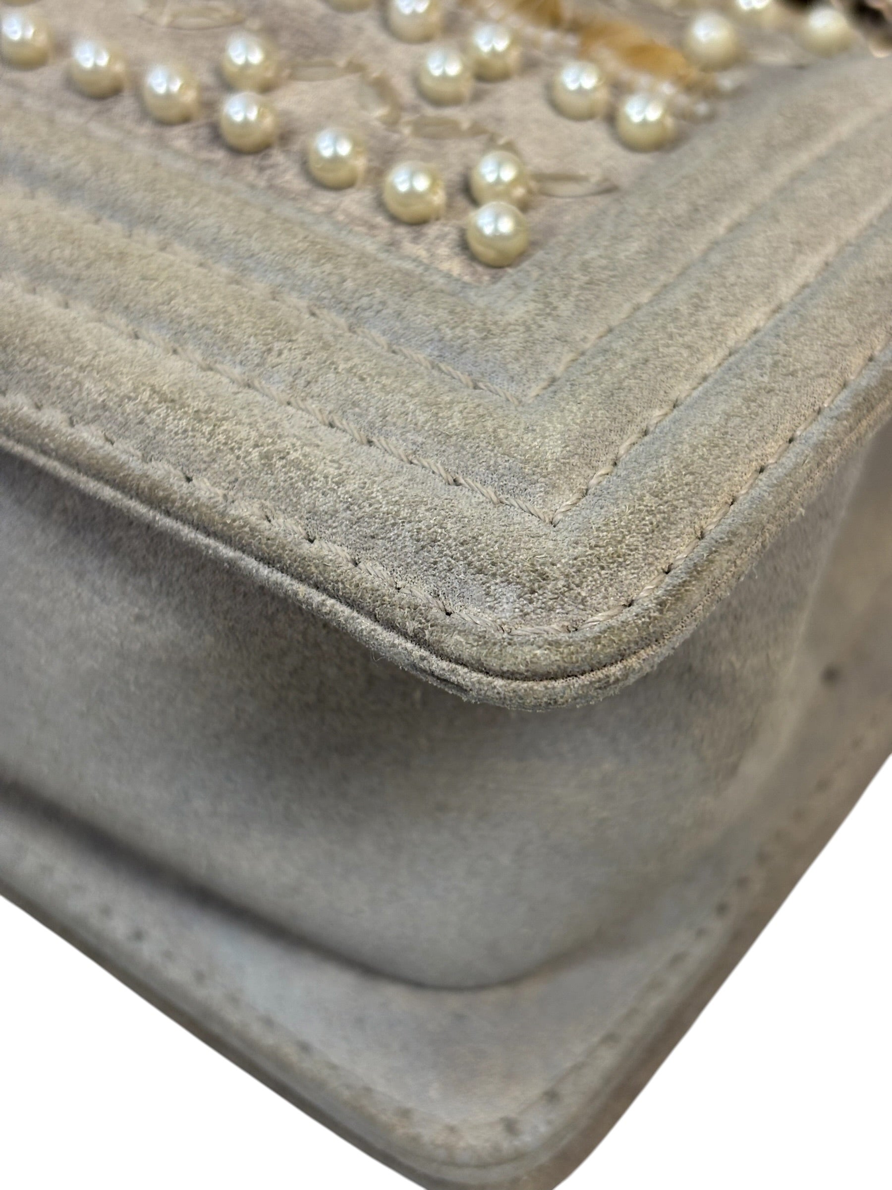 Chanel Grey Suede Beaded Pearl/Bead Boy Flap 2014