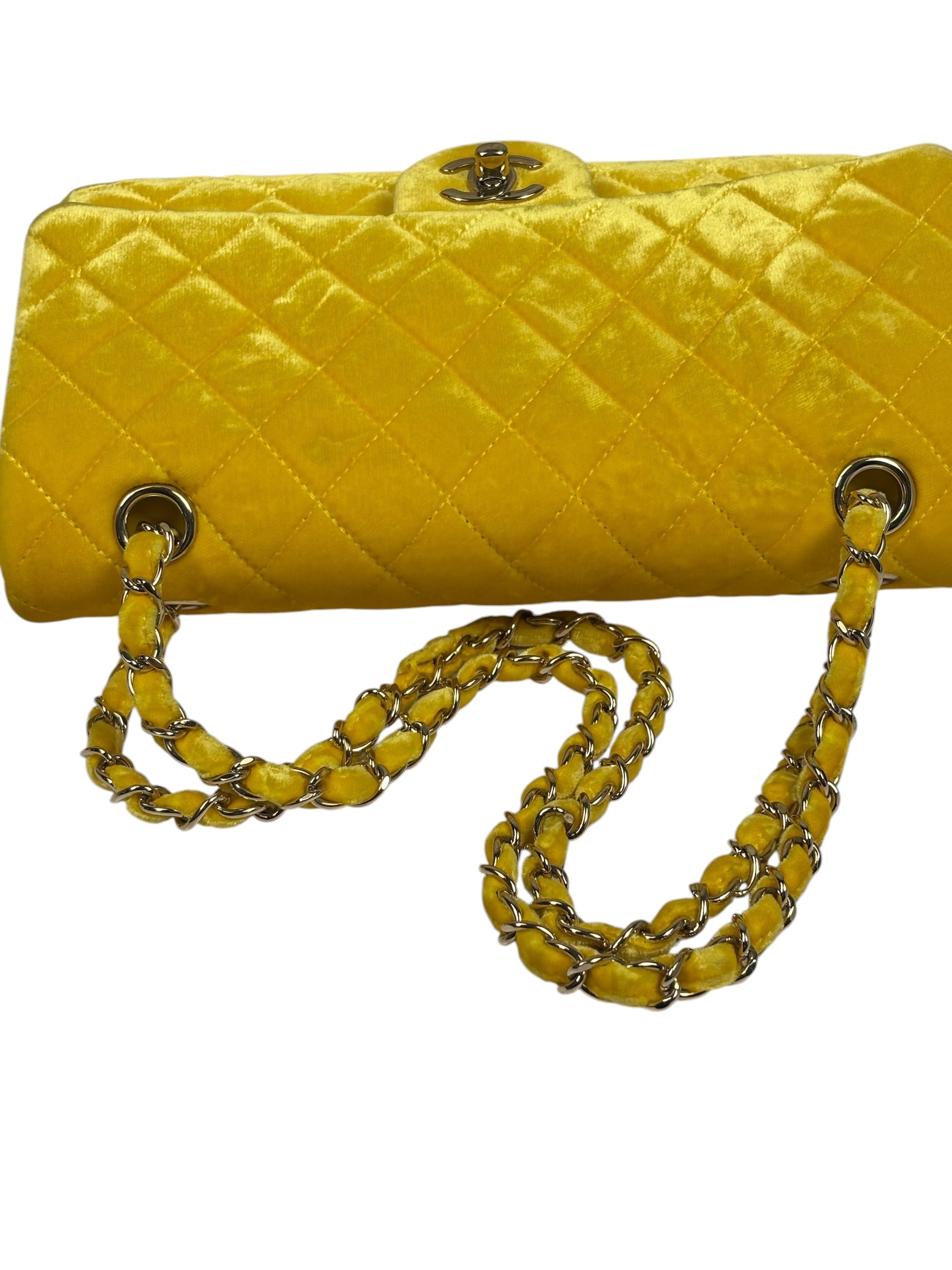 Chanel Yellow Quilted Velvet/Leather Double Flap Bag 2015