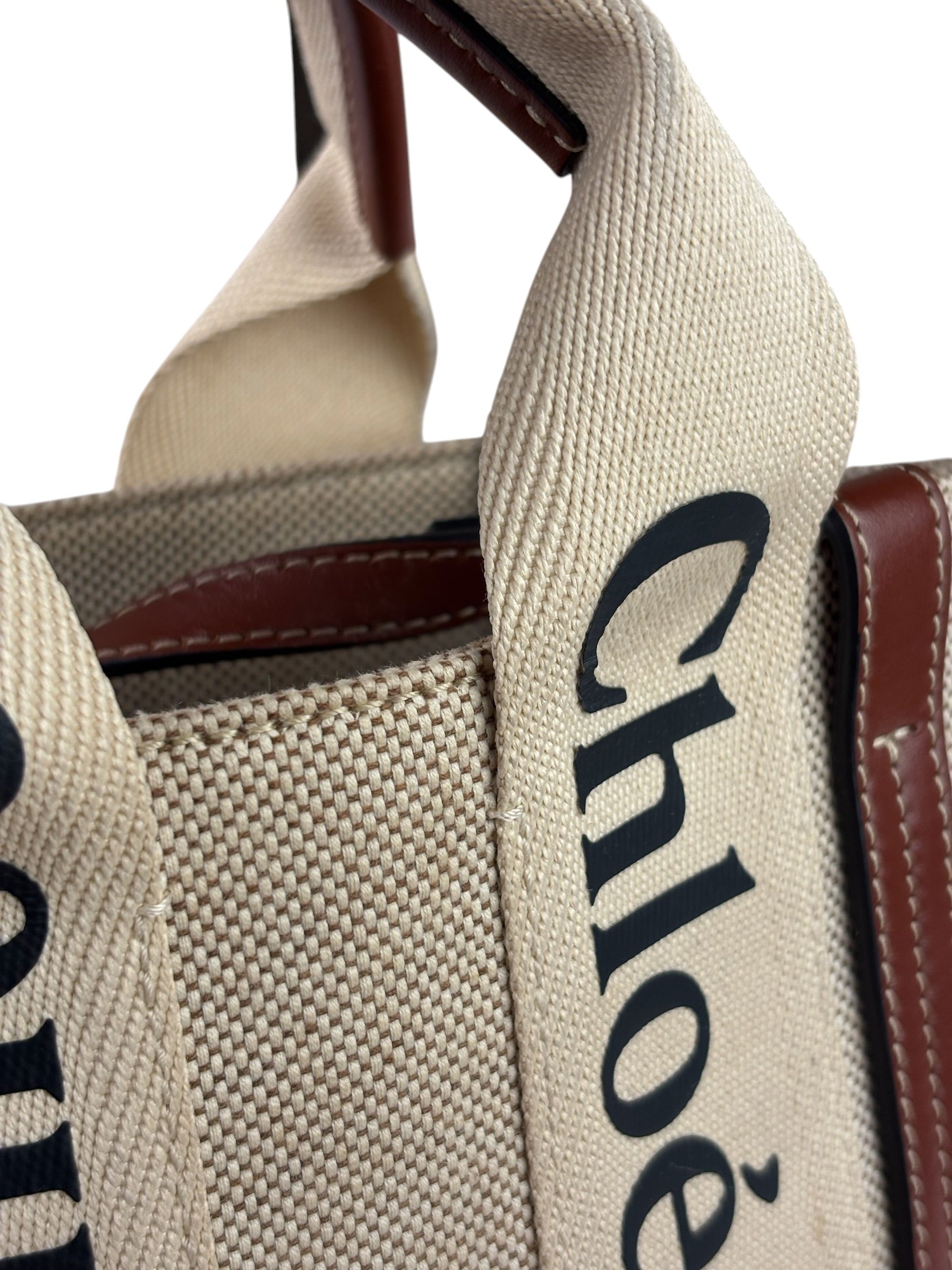 Chloe Beige/Brown Leather Trim Small Woody Two-Way Tote
