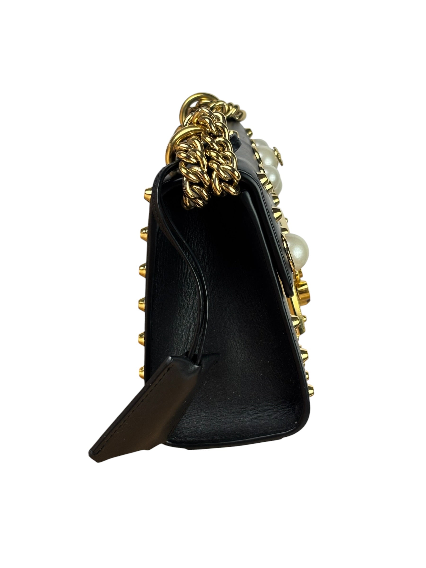 Gucci Small Pearl Studded Leather Padlock Crossbody Black
