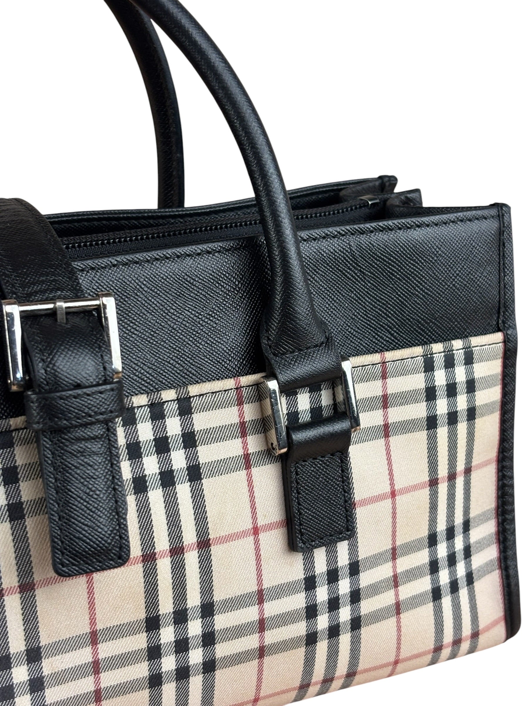 Burberry Vintage Leather Trim House Check Top Handle Bag