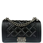 Chanel Black Leather Diamond Quilted Medium Boy Bag 2012