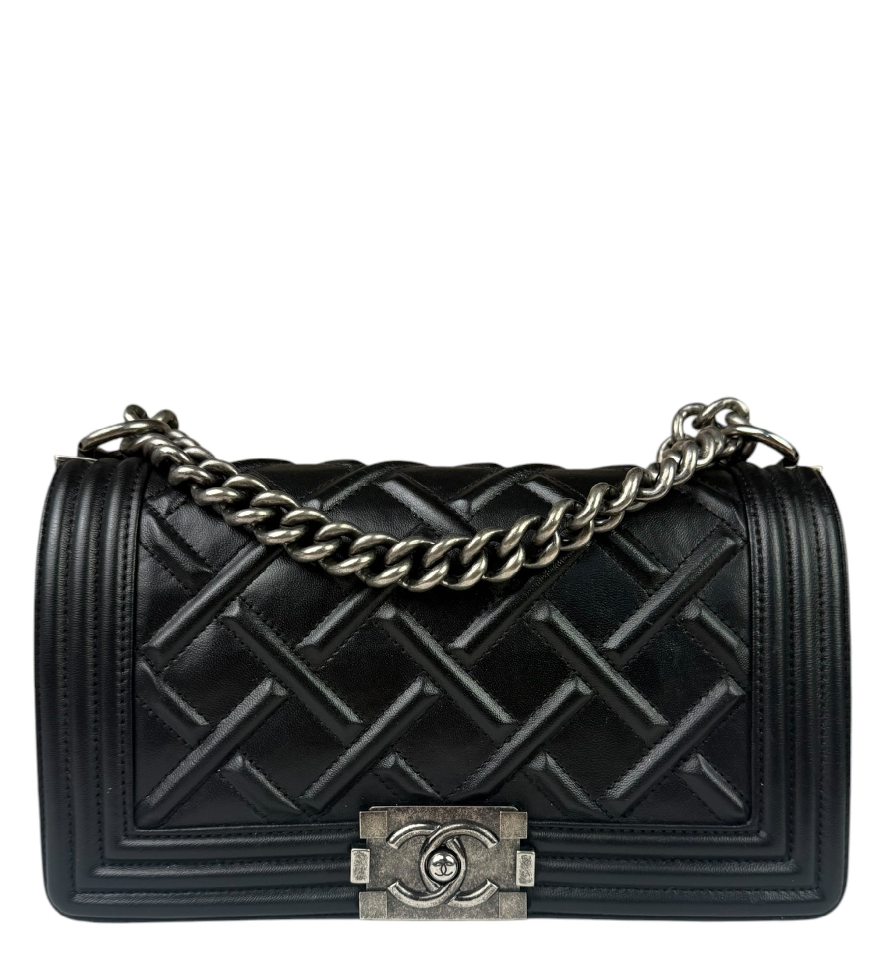 Chanel Black Leather Diamond Quilted Medium Boy Bag 2012